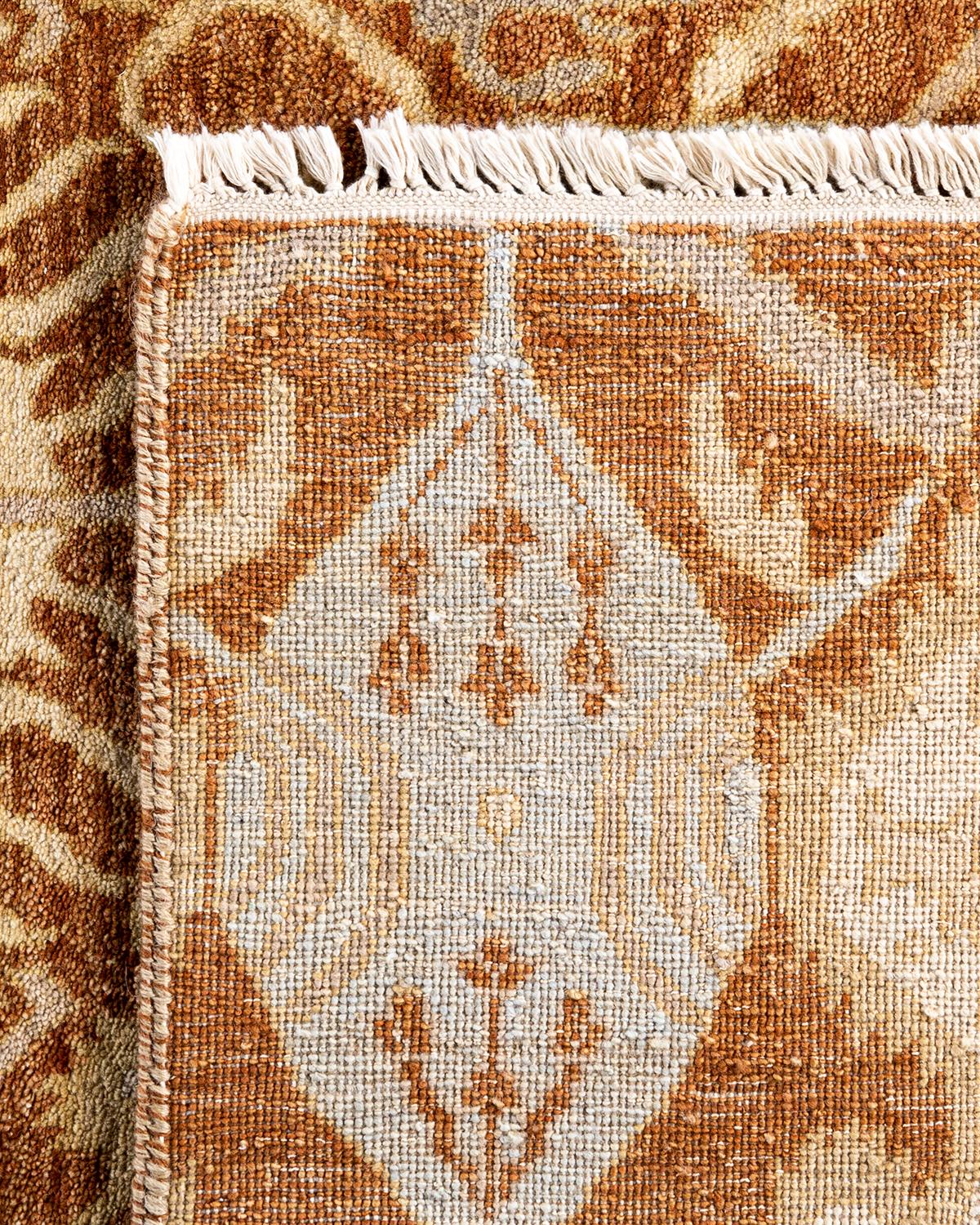 Alfombra Tradicional Ikat de Lana Floral Anudada a Mano Marrón 9' 0