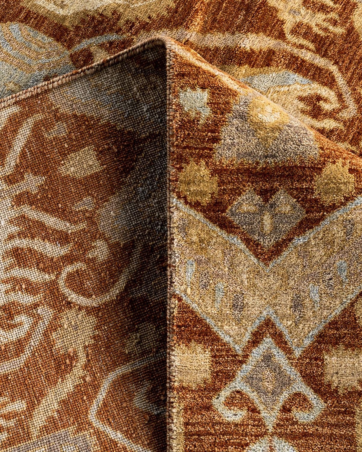 Alfombra Tradicional Ikat de Lana Floral Anudada a Mano Marrón 9' 0