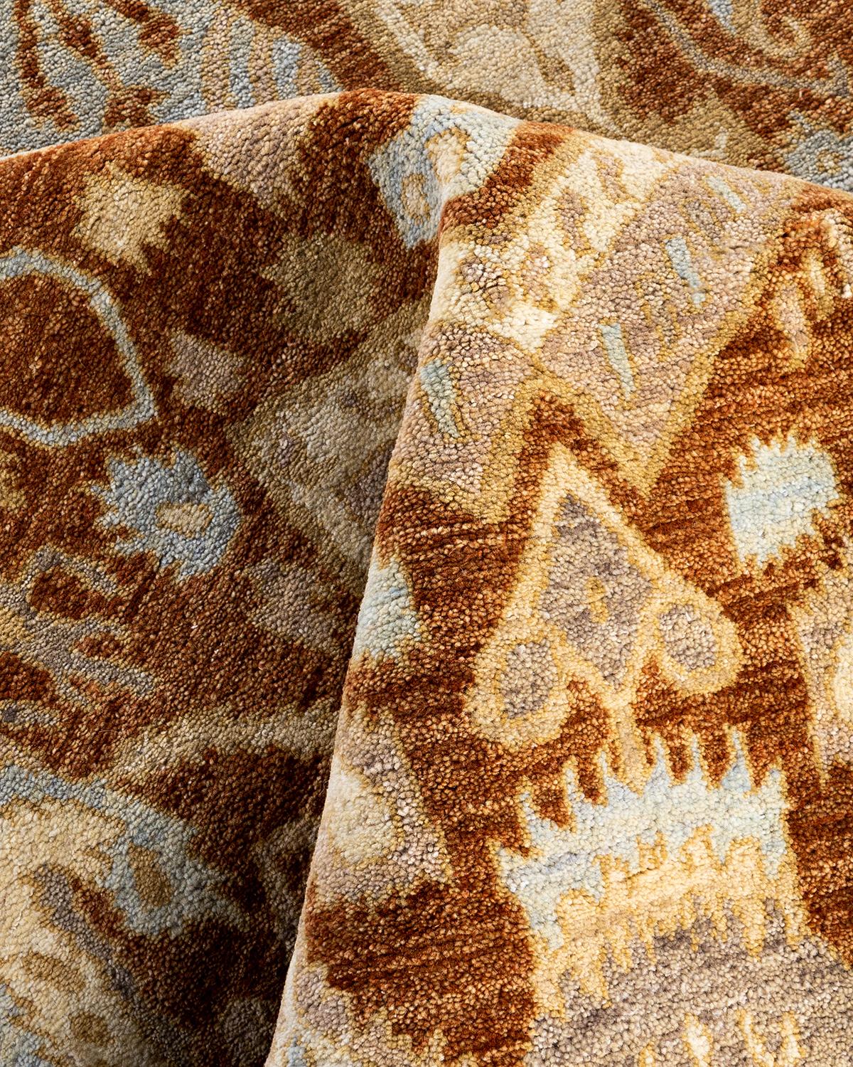 Alfombra Tradicional Ikat de Lana Floral Anudada a Mano Marrón 9' 0