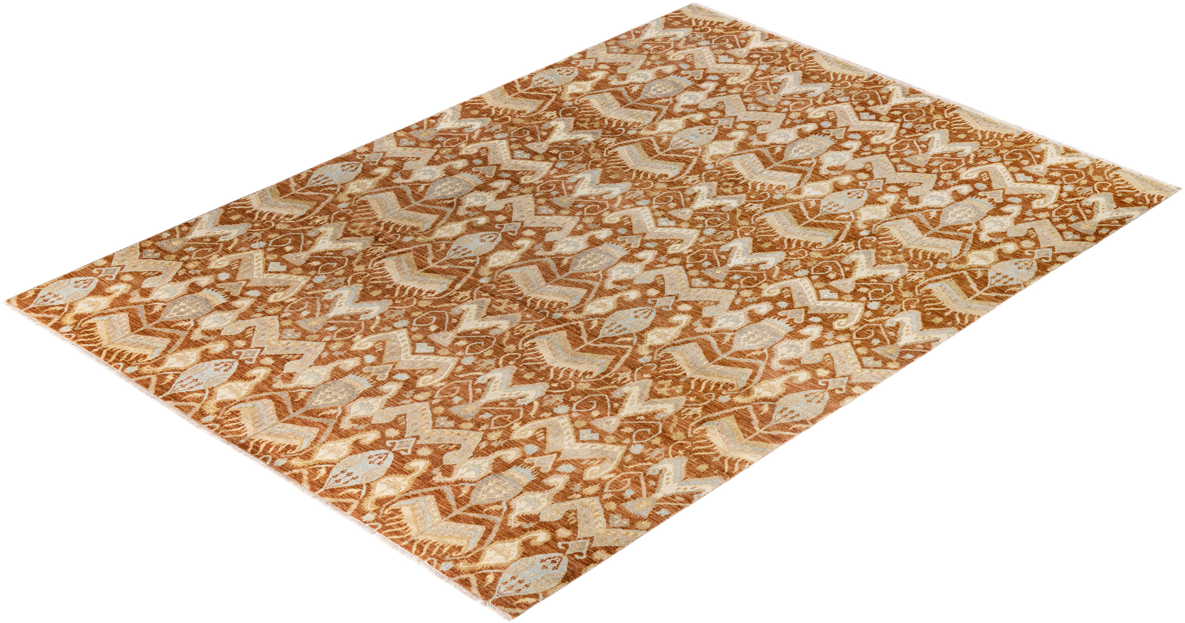 Alfombra Tradicional Ikat de Lana Floral Anudada a Mano Marrón 9' 0