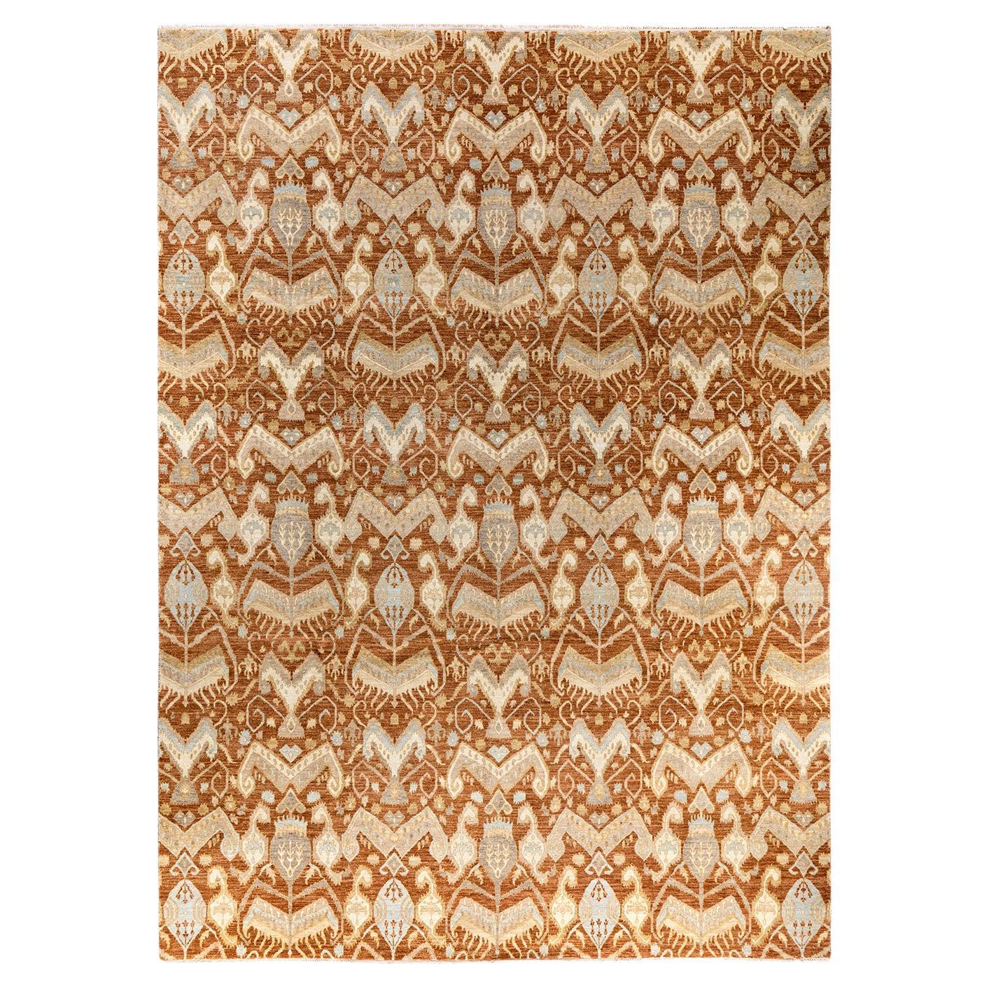 Traditional Ikat Hand Knotted Floral Wool Brown Area Rug 9' 0" x 12' 4"