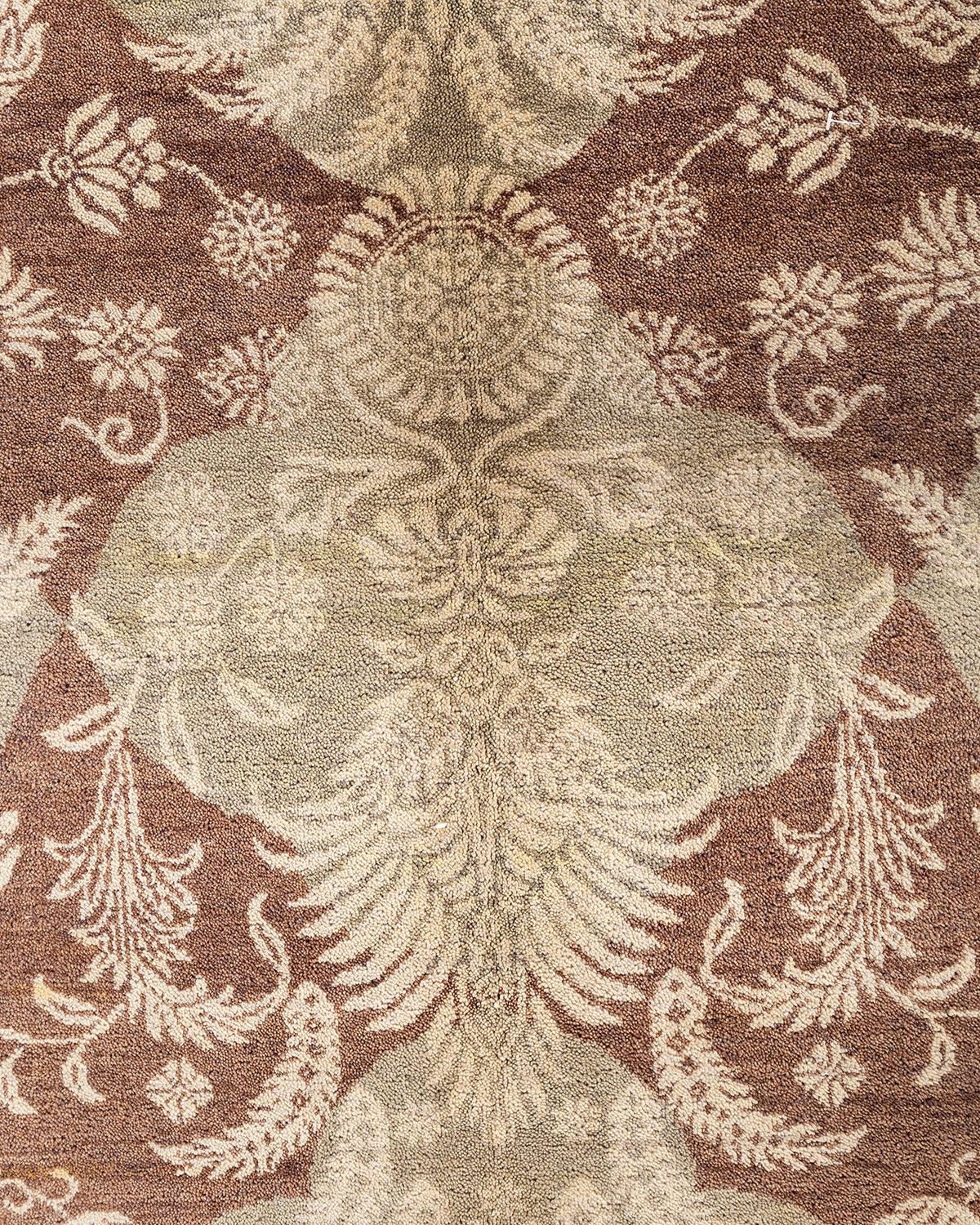 Alfombra Tradicional Ikat de Lana Floral Anudada a Mano Marrón 9' 2