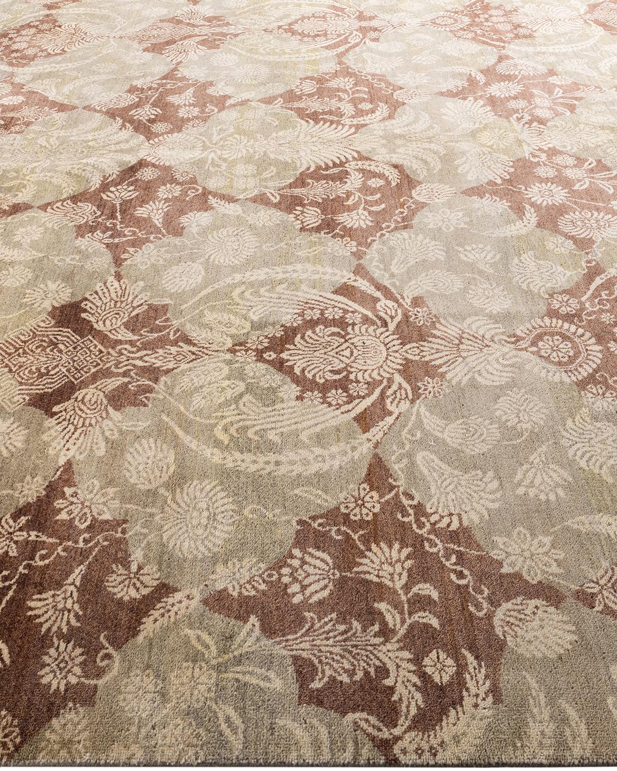 Alfombra Tradicional Ikat de Lana Floral Anudada a Mano Marrón 9' 2