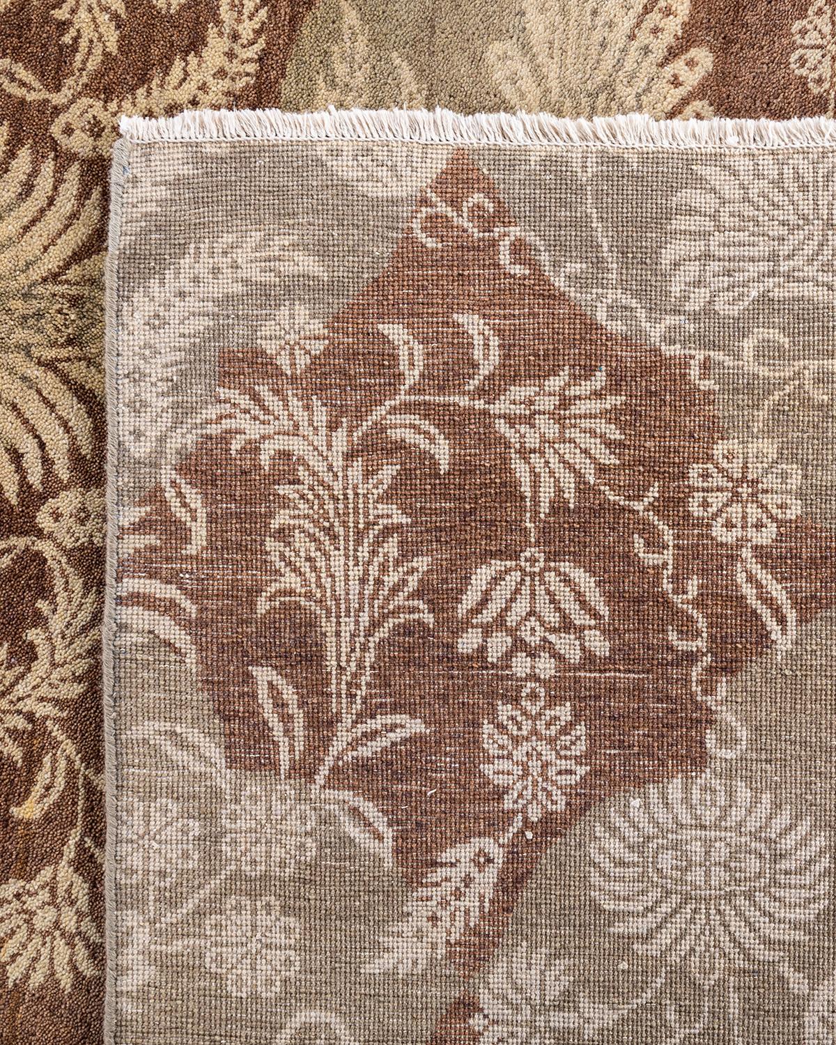 Alfombra Tradicional Ikat de Lana Floral Anudada a Mano Marrón 9' 2