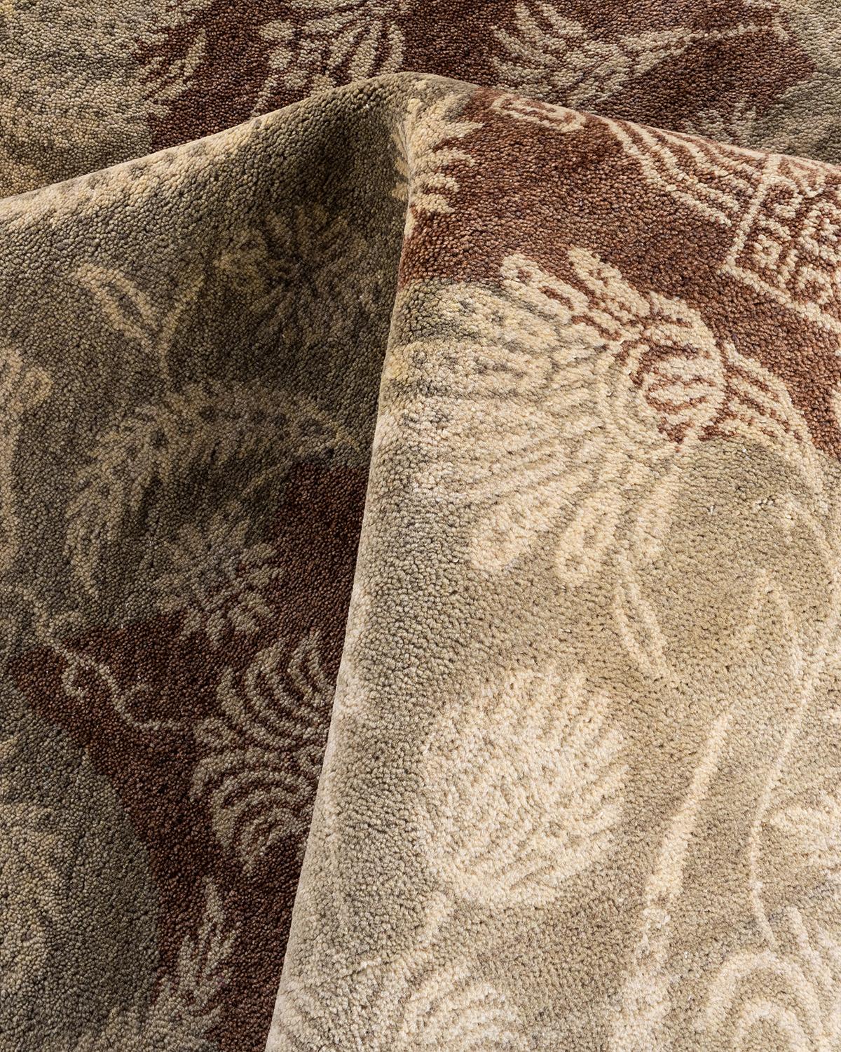 Alfombra Tradicional Ikat de Lana Floral Anudada a Mano Marrón 9' 2