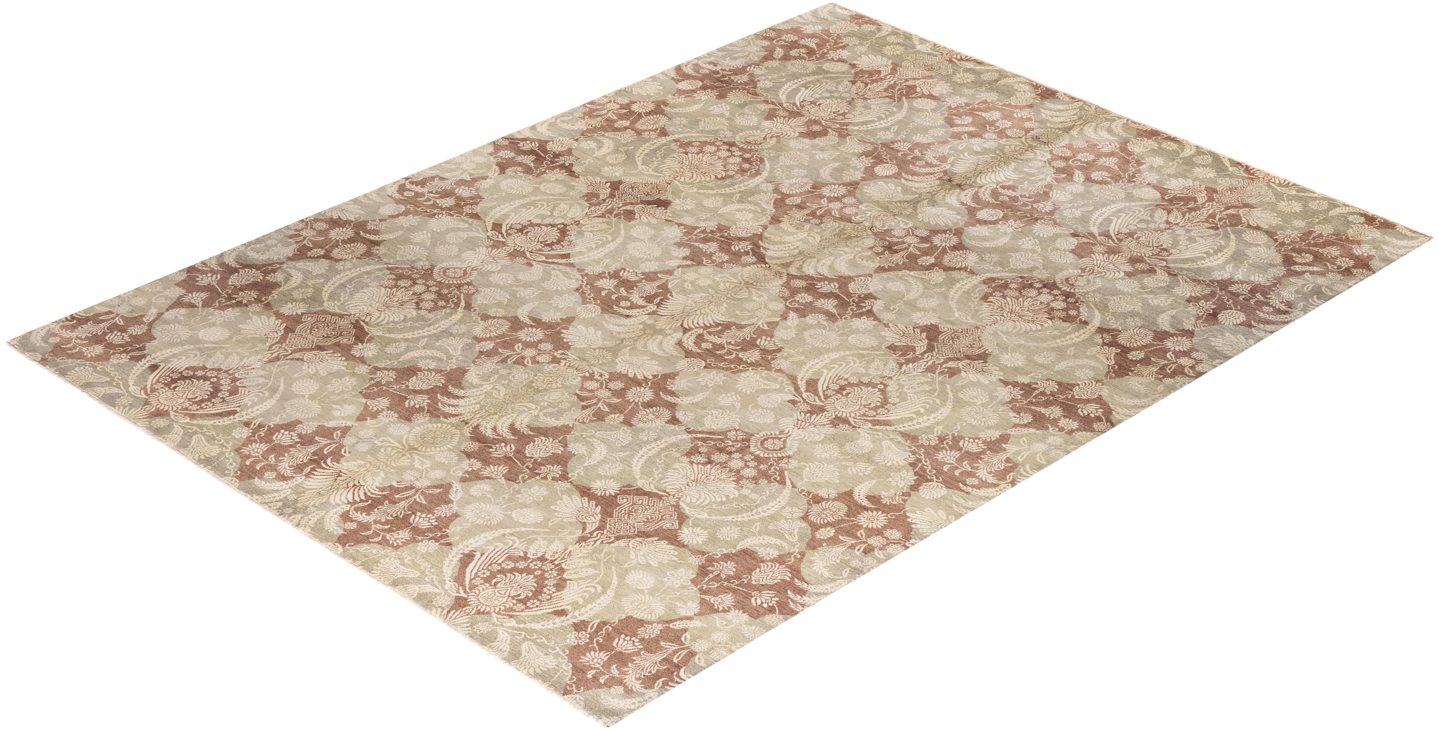 Alfombra Tradicional Ikat de Lana Floral Anudada a Mano Marrón 9' 2