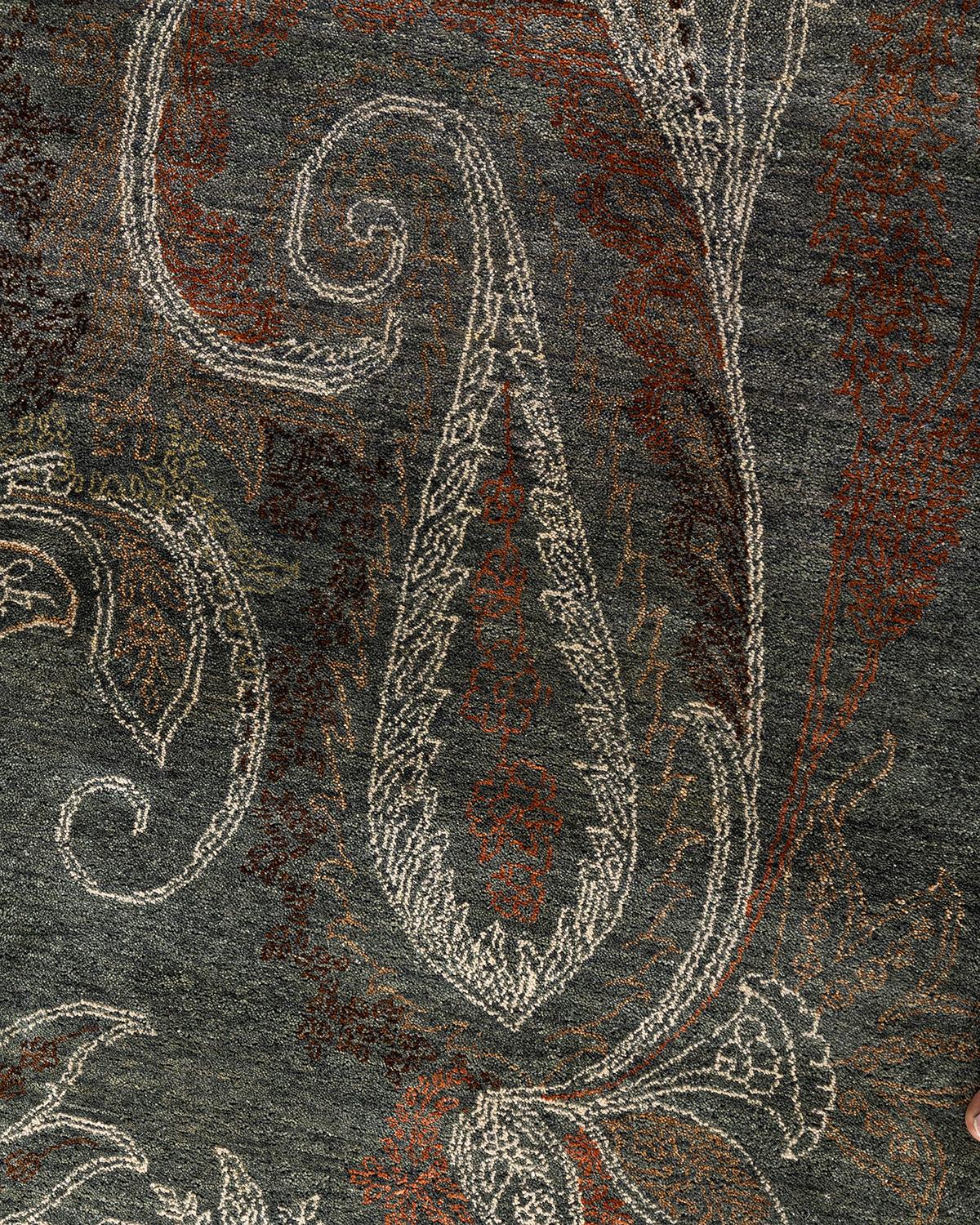 Indiano Traditional Ikat Hand Knots Rugs floreale in lana grigia 7' 10