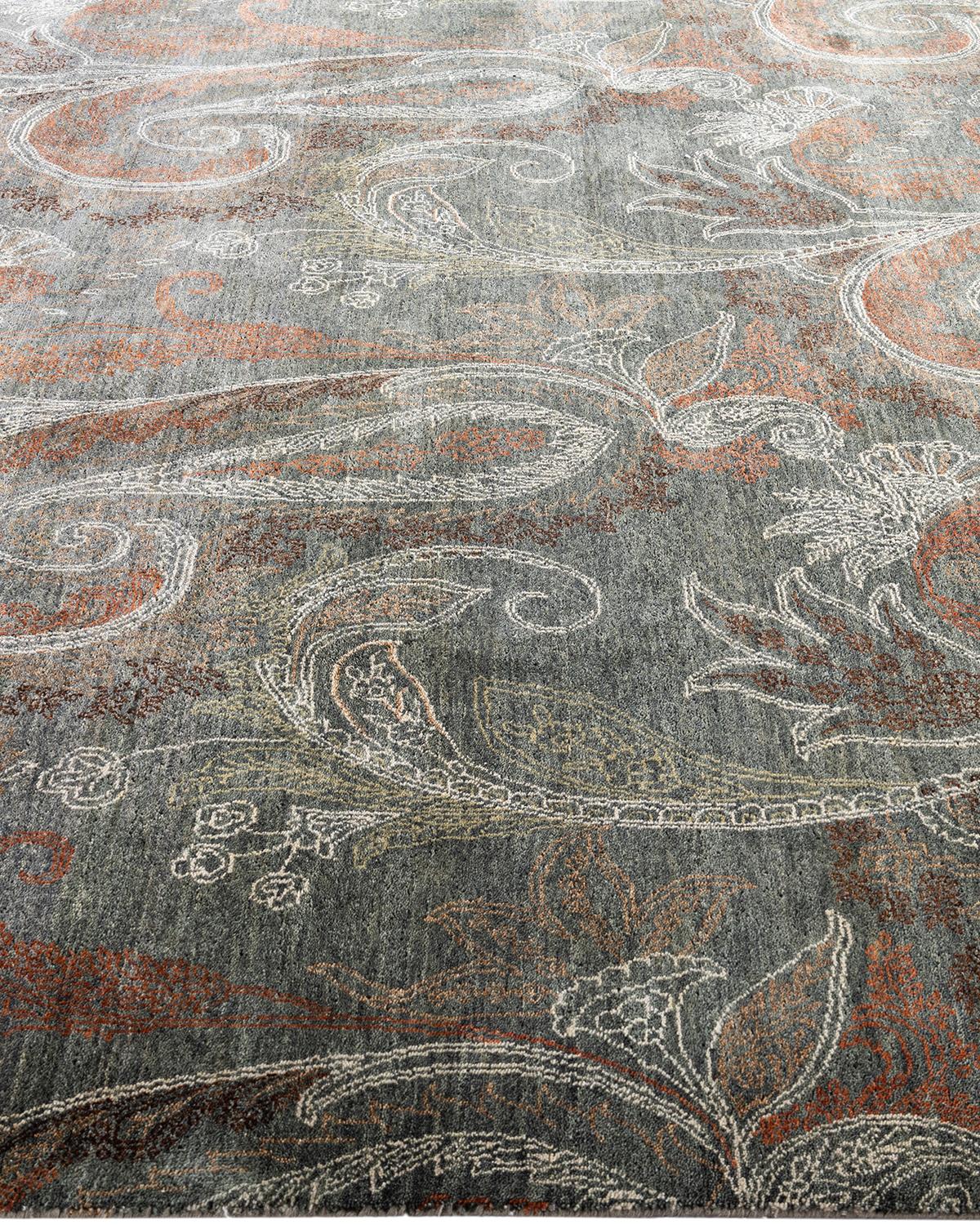Annodato a mano Traditional Ikat Hand Knots Rugs floreale in lana grigia 7' 10