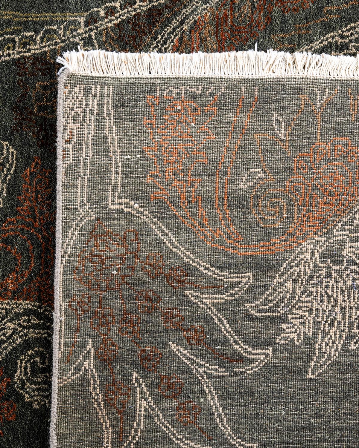 Traditional Ikat Hand Knots Rugs floreale in lana grigia 7' 10