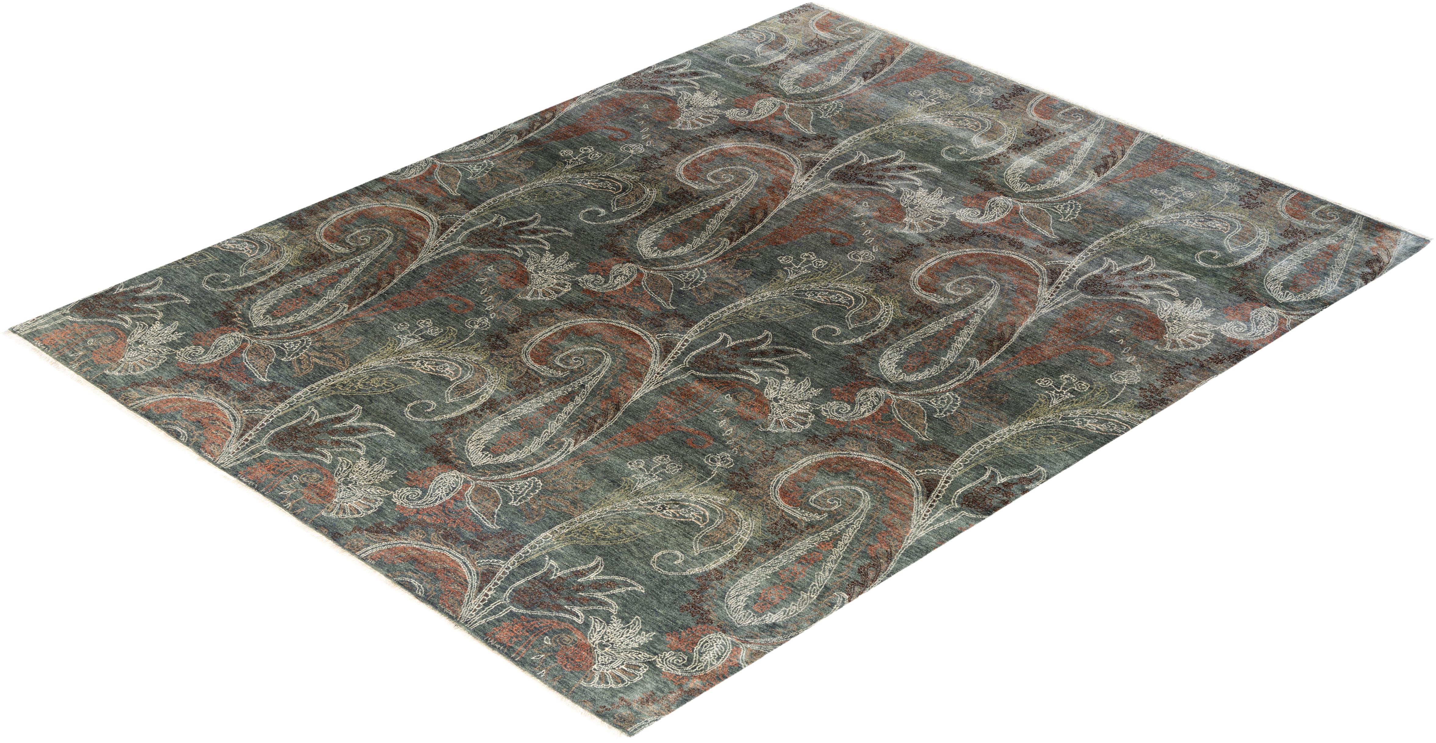 Traditional Ikat Hand Knots Rugs floreale in lana grigia 7' 10
