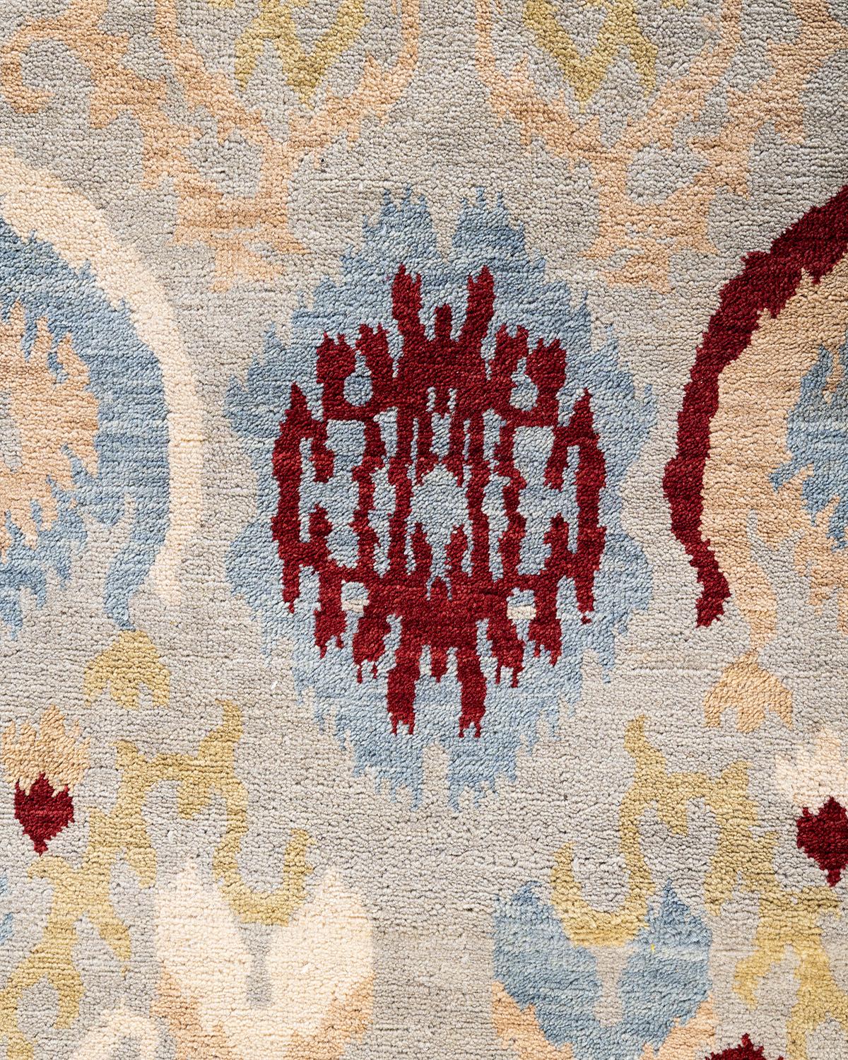 Traditioneller handgeknüpfter, grauer Ikat-Teppich aus geblümter Wolle 7' 9