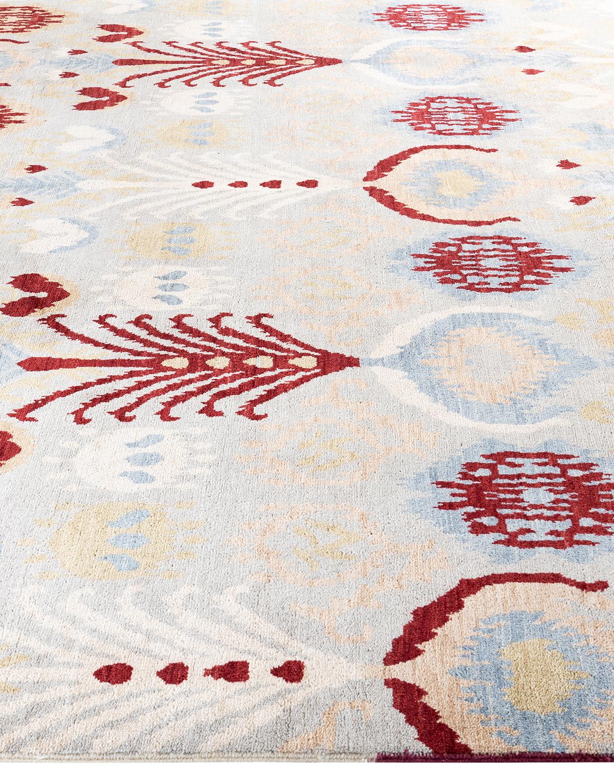 Traditioneller handgeknüpfter, grauer Ikat-Teppich aus geblümter Wolle 7' 9