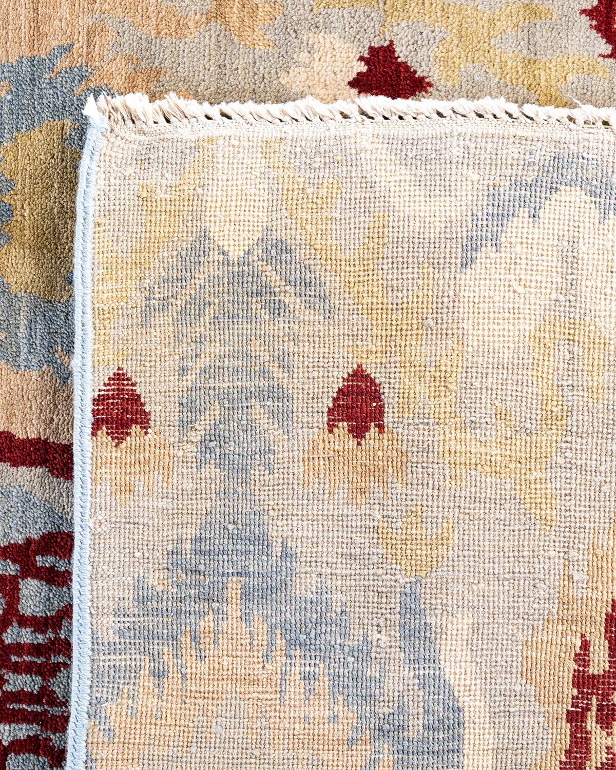 Traditioneller handgeknüpfter, grauer Ikat-Teppich aus geblümter Wolle 7' 9