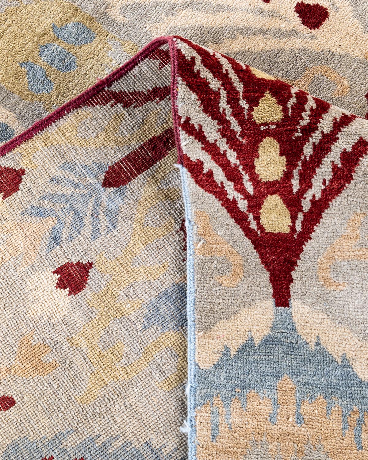Traditioneller handgeknüpfter, grauer Ikat-Teppich aus geblümter Wolle 7' 9