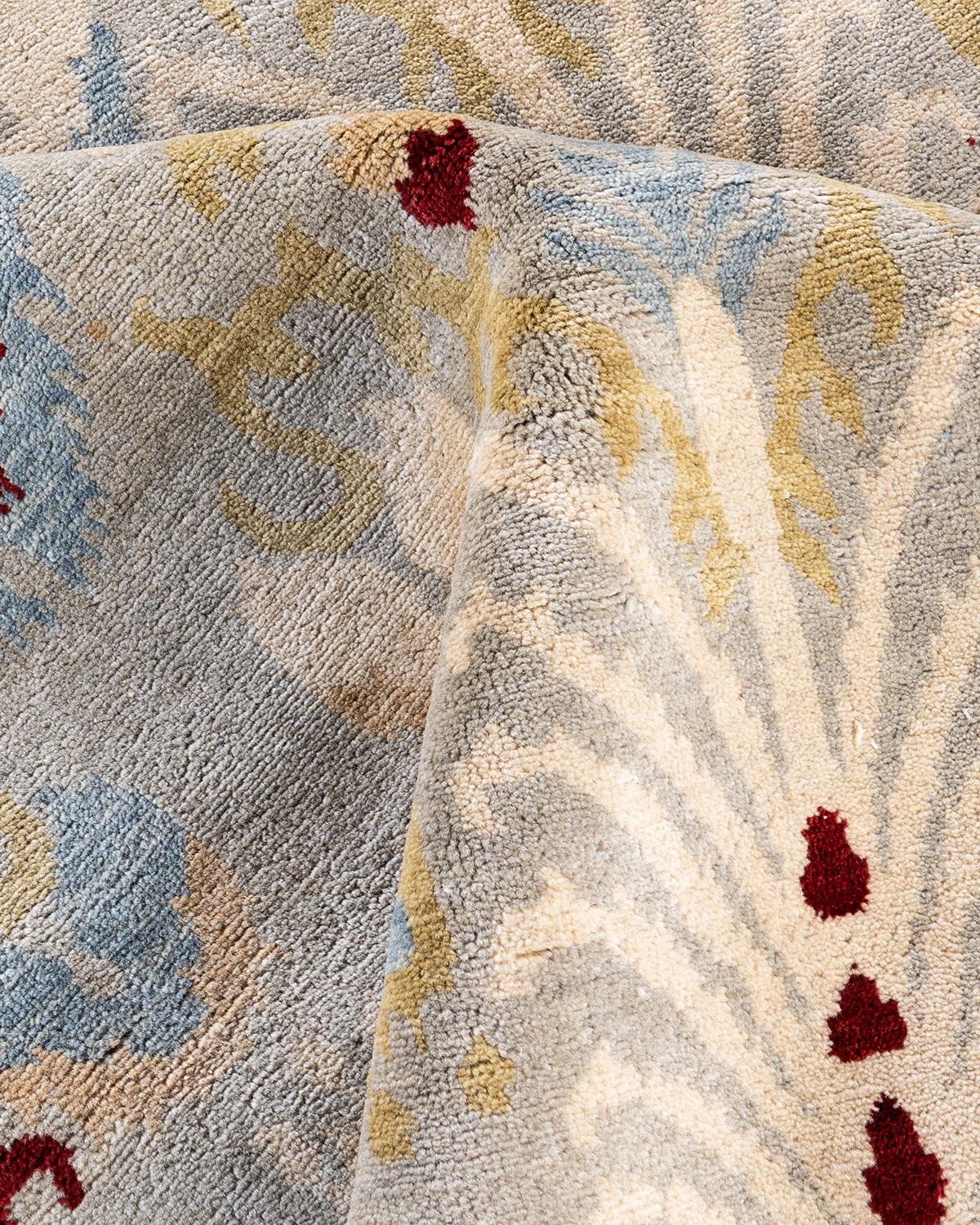 Traditioneller handgeknüpfter, grauer Ikat-Teppich aus geblümter Wolle 7' 9