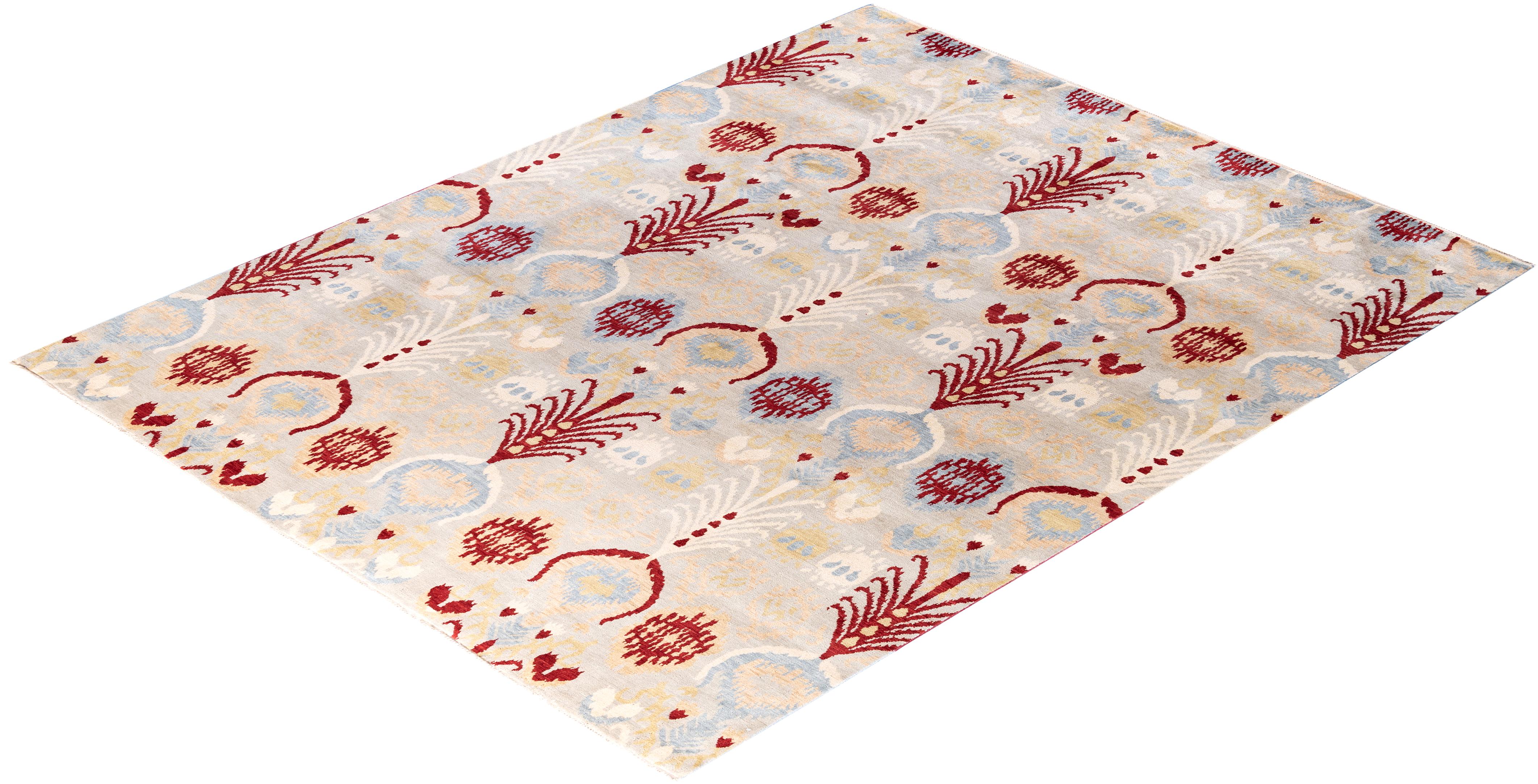 Traditioneller handgeknüpfter, grauer Ikat-Teppich aus geblümter Wolle 7' 9