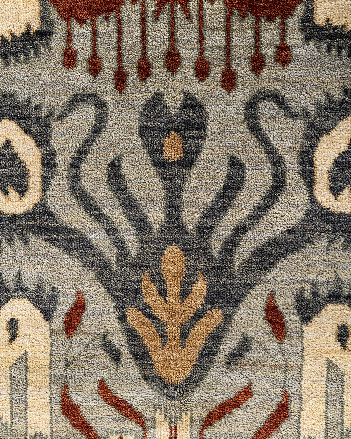 Indian Traditional Ikat Hand Knotted Floral Wool Gray Area Rug 8' 0