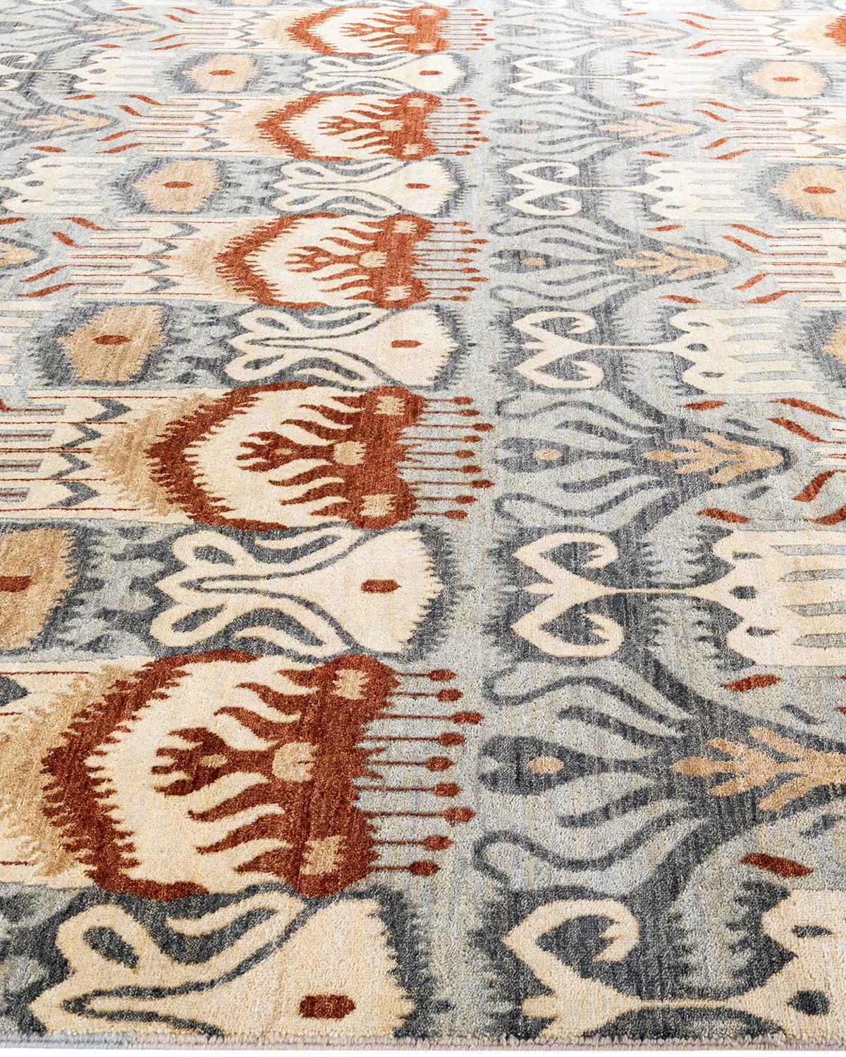 Hand-Knotted Traditional Ikat Hand Knotted Floral Wool Gray Area Rug 8' 0