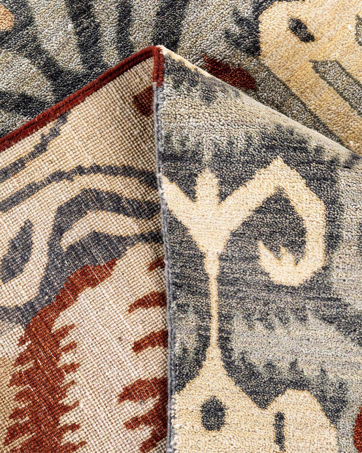Contemporary Traditional Ikat Hand Knotted Floral Wool Gray Area Rug 8' 0