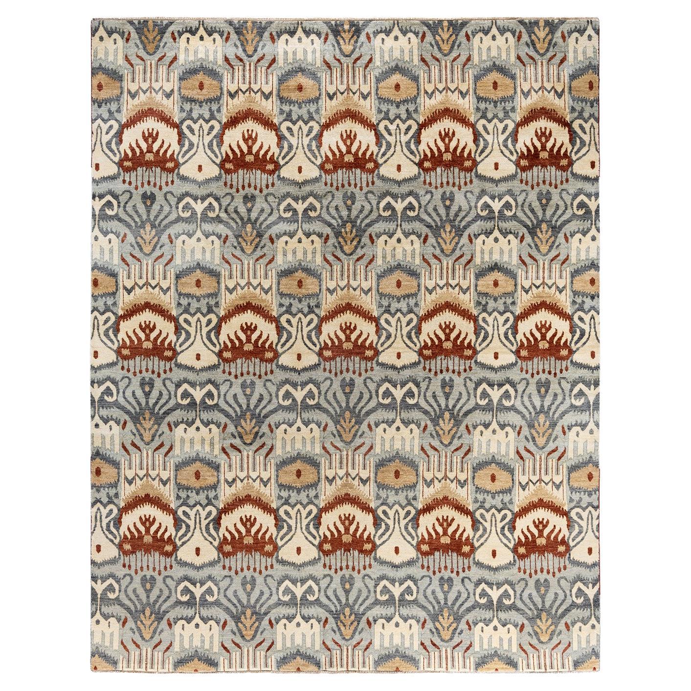 Traditional Ikat Hand Knotted Floral Wool Gray Area Rug 8' 0" x 10' 0" For Sale