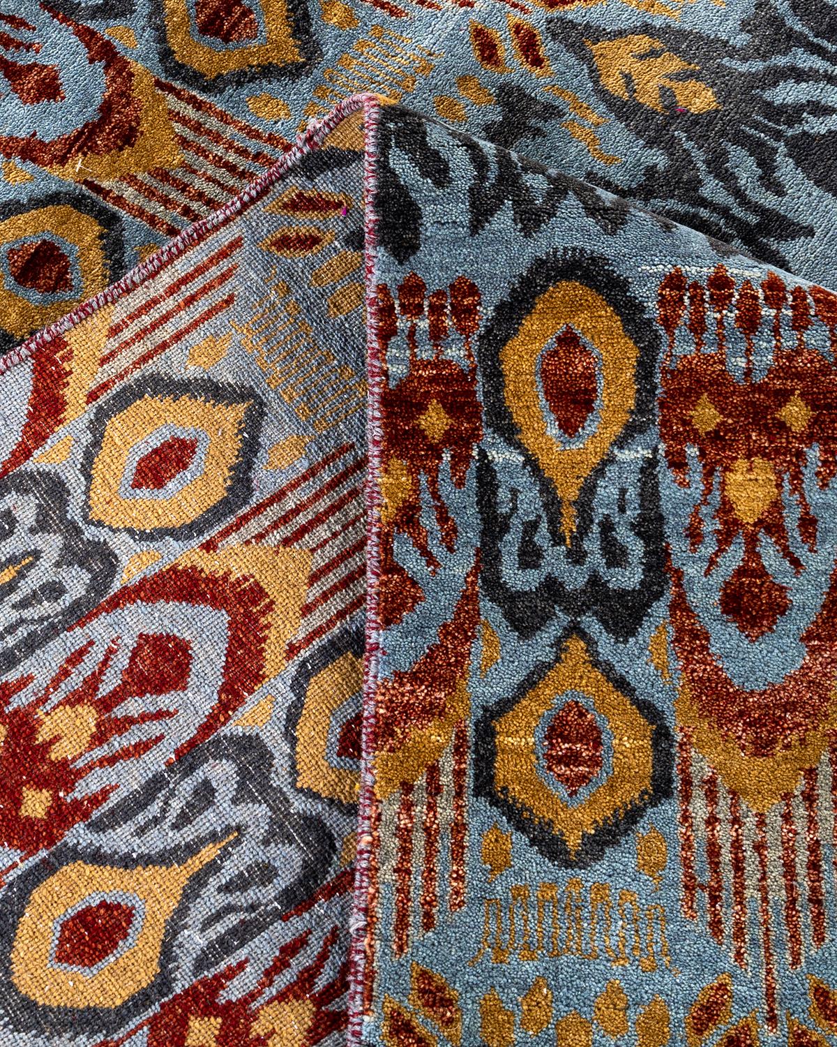Contemporary Traditional Ikat Hand Knotted Floral Wool Gray Area Rug 8' 0