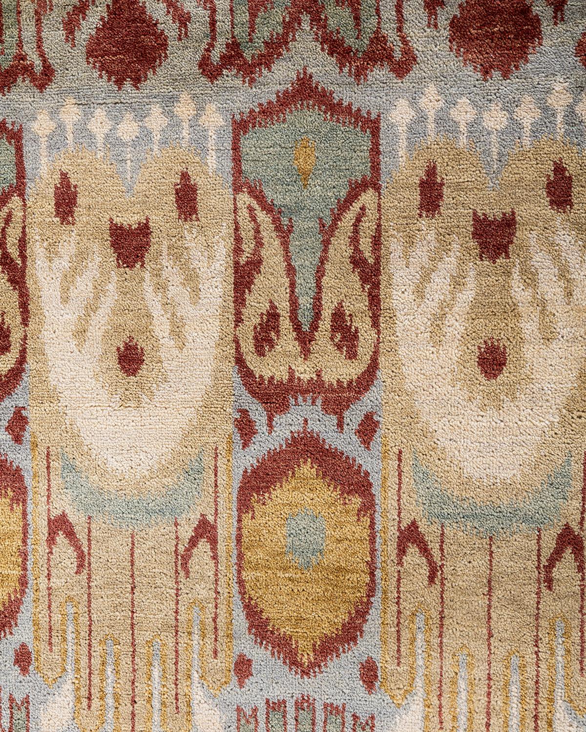 Traditioneller handgeknüpfter, grauer Ikat-Teppich aus geblümter Wolle 8' 2