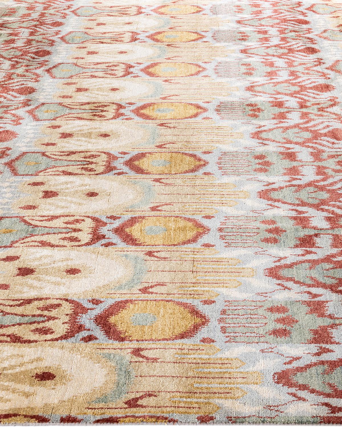 Traditioneller handgeknüpfter, grauer Ikat-Teppich aus geblümter Wolle 8' 2