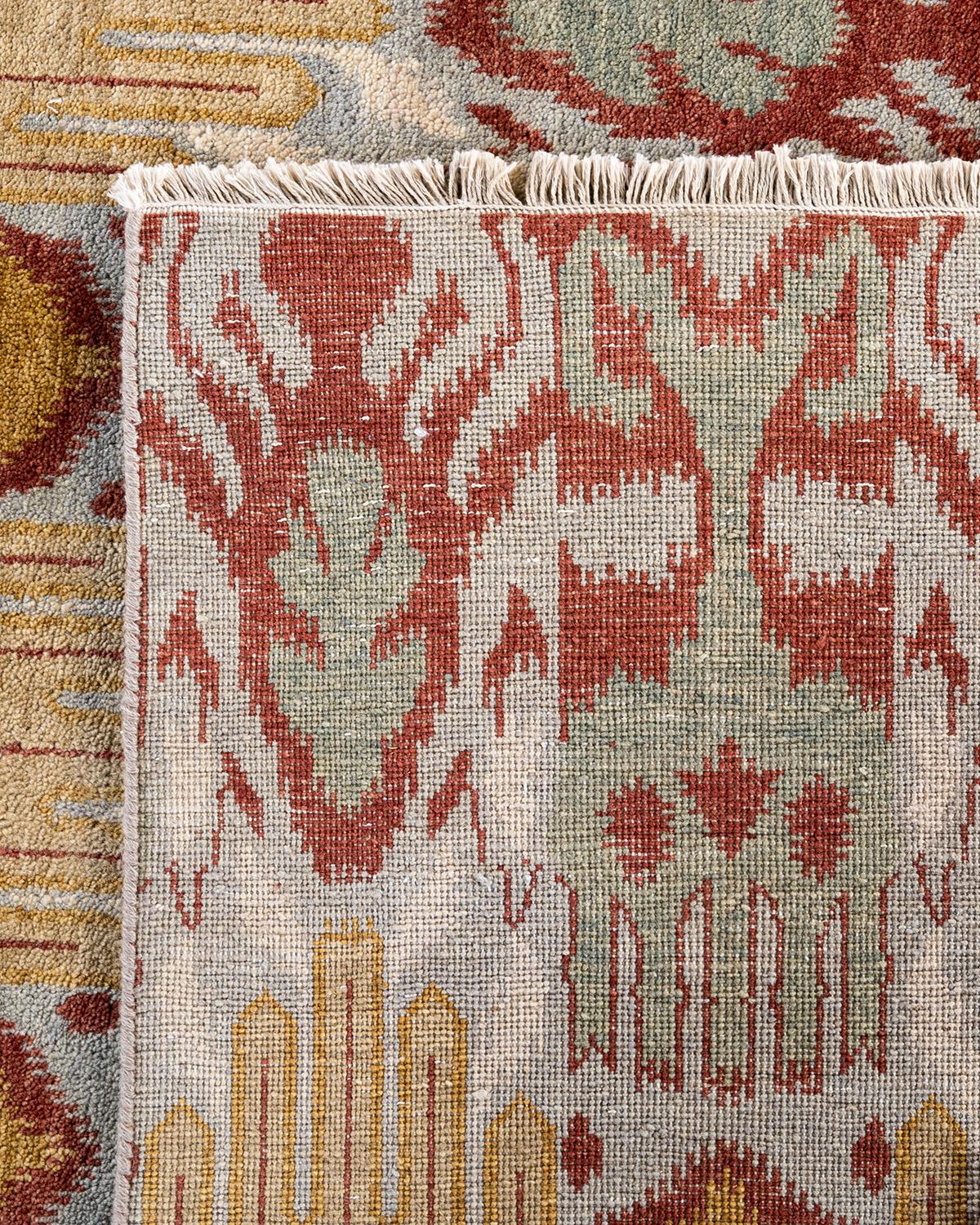 Traditioneller handgeknüpfter, grauer Ikat-Teppich aus geblümter Wolle 8' 2