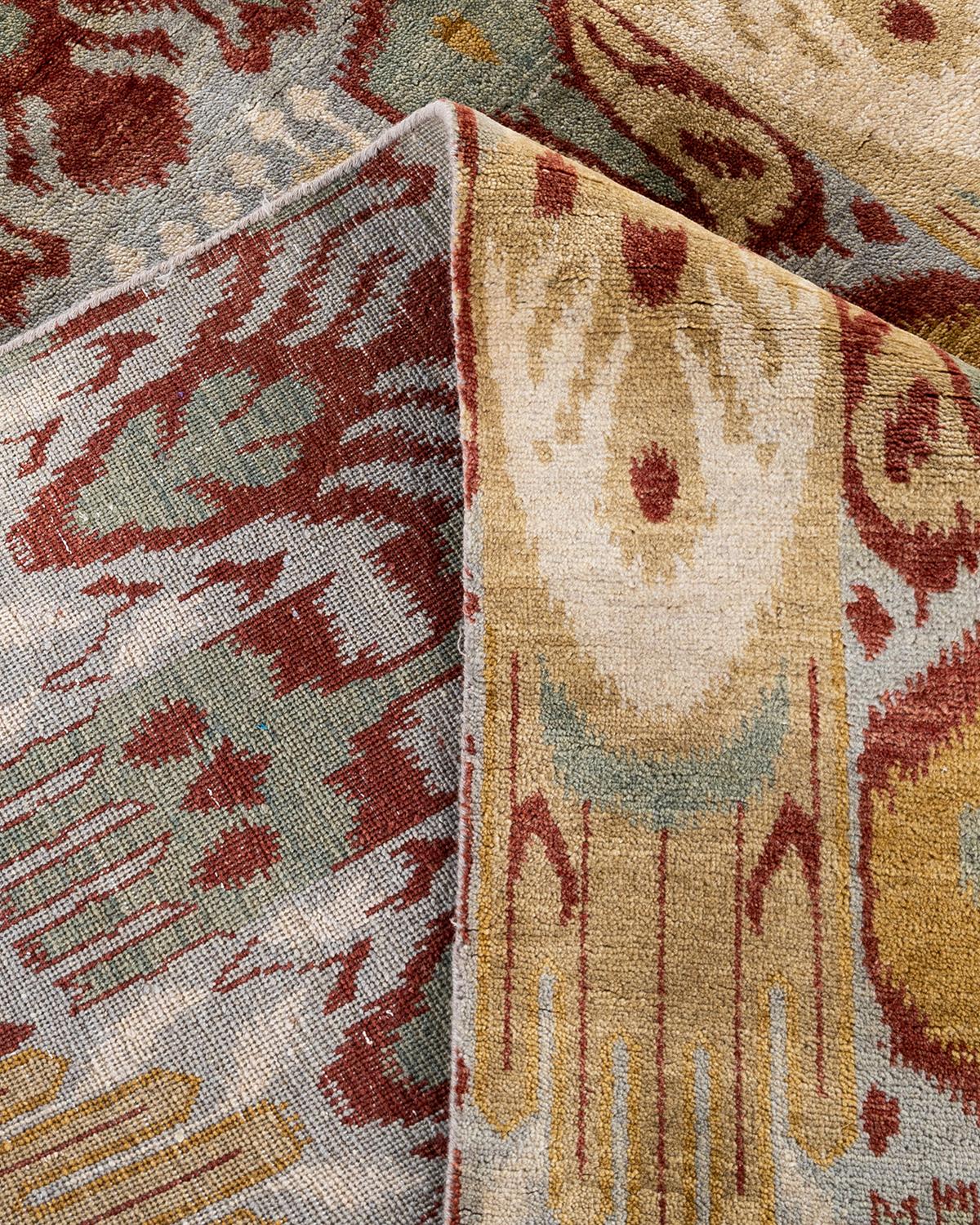 Traditioneller handgeknüpfter, grauer Ikat-Teppich aus geblümter Wolle 8' 2