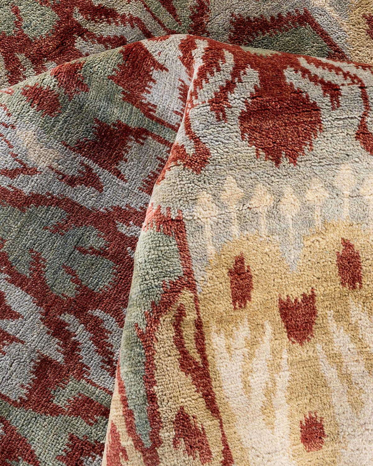Traditioneller handgeknüpfter, grauer Ikat-Teppich aus geblümter Wolle 8' 2