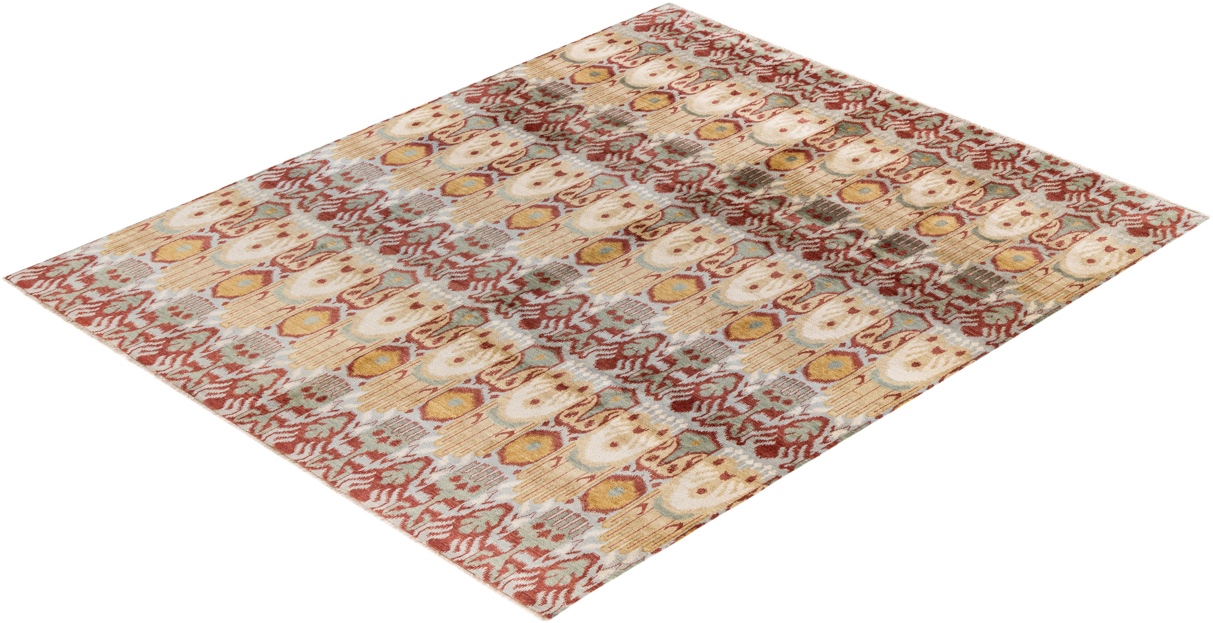 Traditioneller handgeknüpfter, grauer Ikat-Teppich aus geblümter Wolle 8' 2