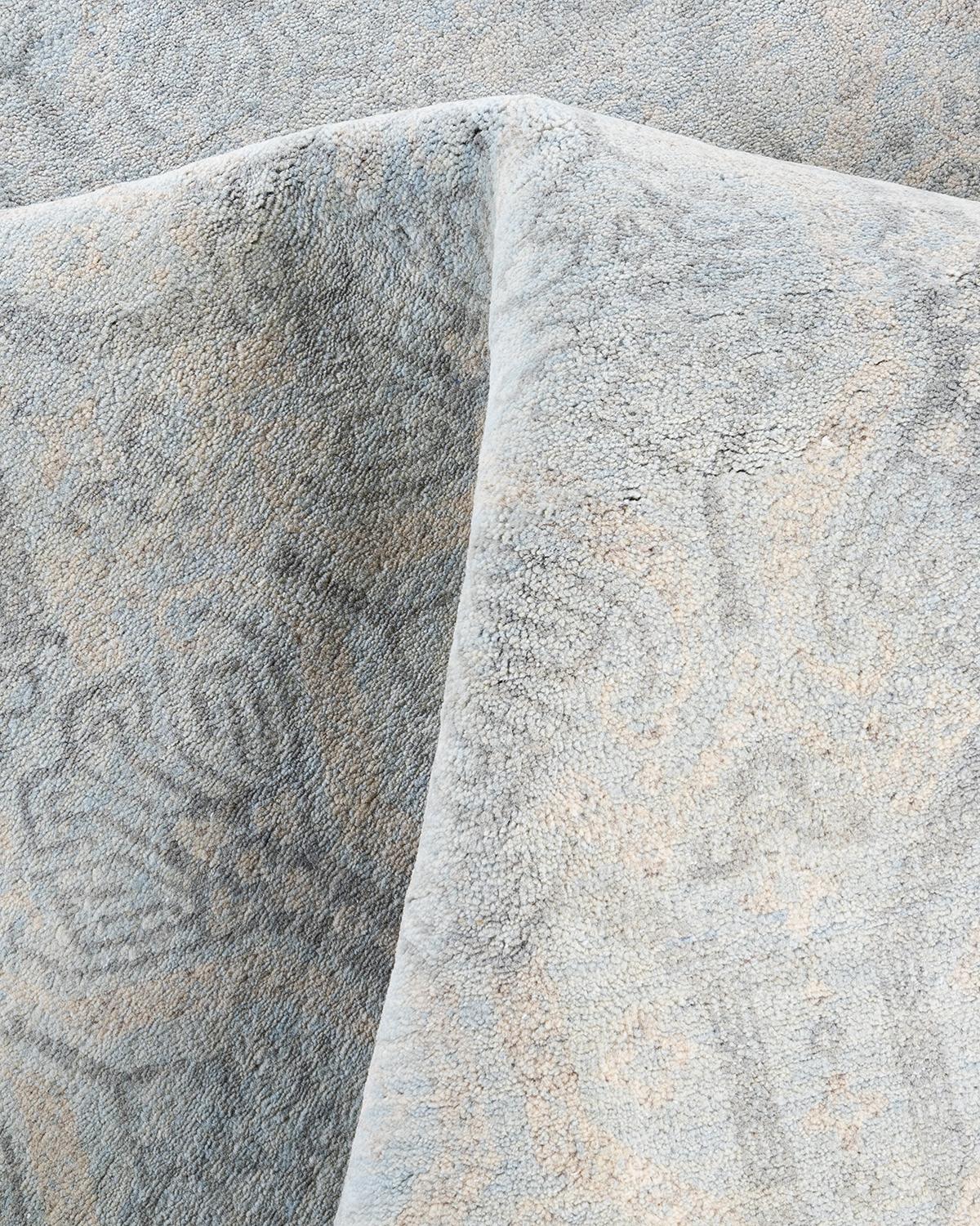 Laine Tapis traditionnel Ikat gris en laine à motifs floraux noués à la main 8' 3