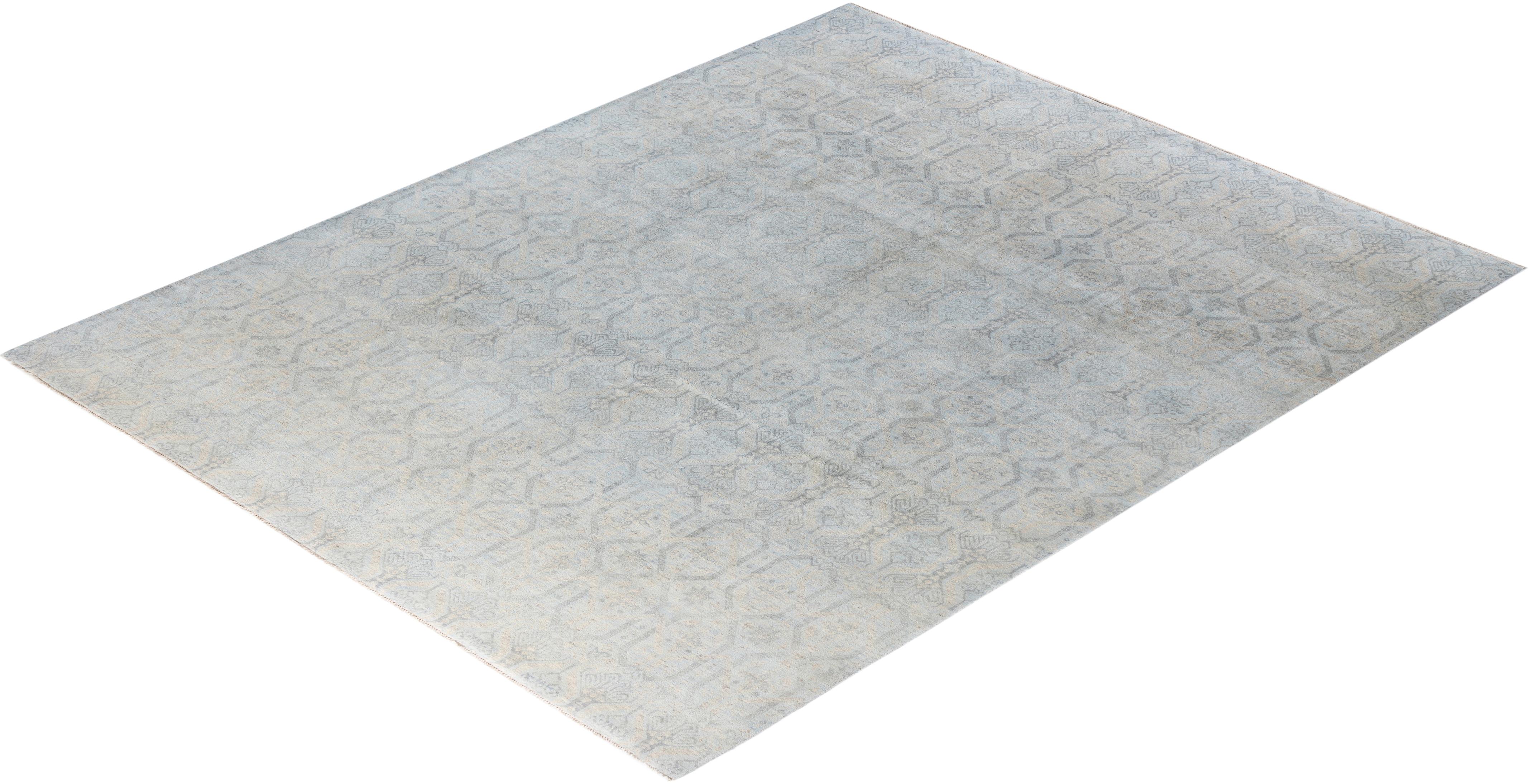 Tapis traditionnel Ikat gris en laine à motifs floraux noués à la main 8' 3