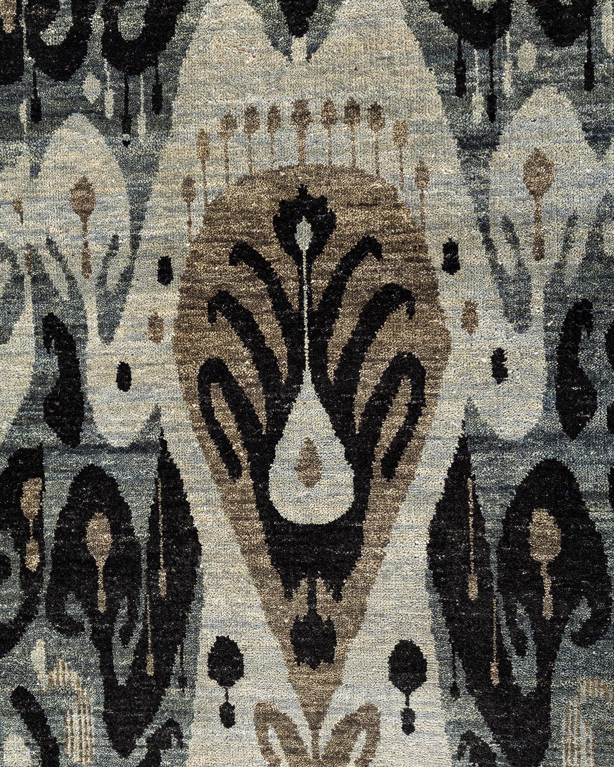 Alfombra Ikat Tradicional de Lana Floral Anudada a Mano Gris 9' 0