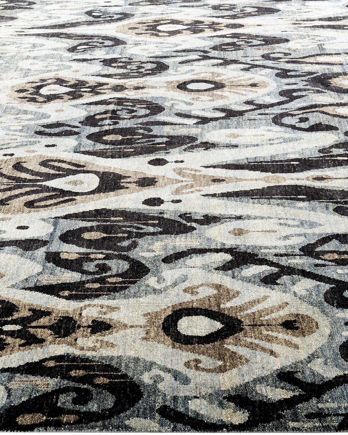 Alfombra Ikat Tradicional de Lana Floral Anudada a Mano Gris 9' 0