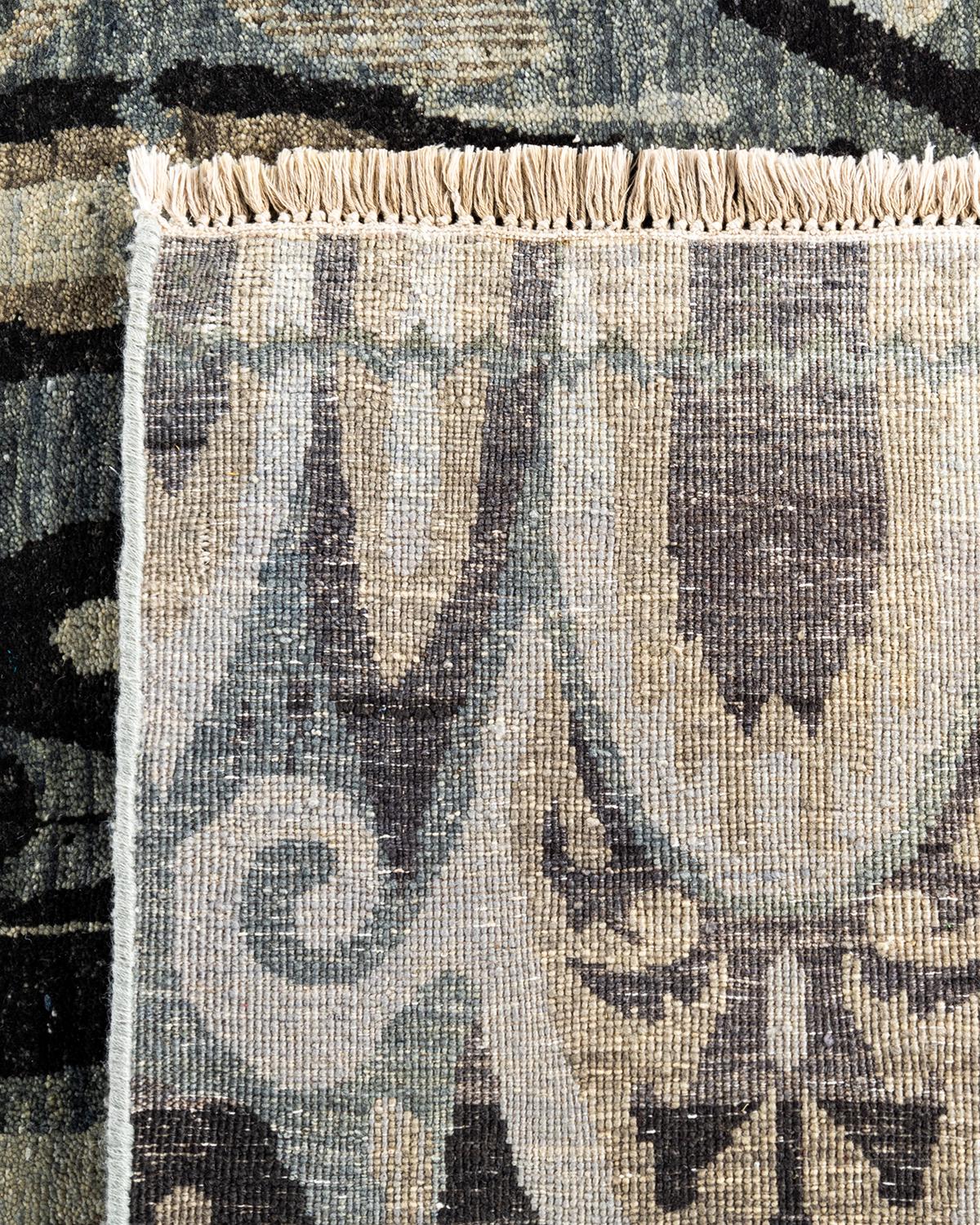 Alfombra Ikat Tradicional de Lana Floral Anudada a Mano Gris 9' 0