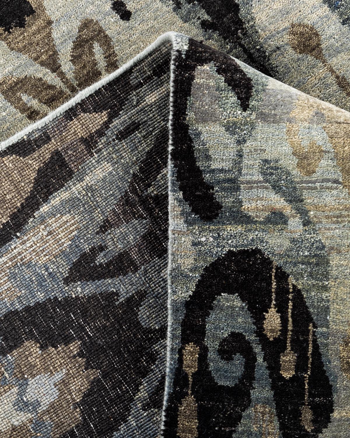 Alfombra Ikat Tradicional de Lana Floral Anudada a Mano Gris 9' 0