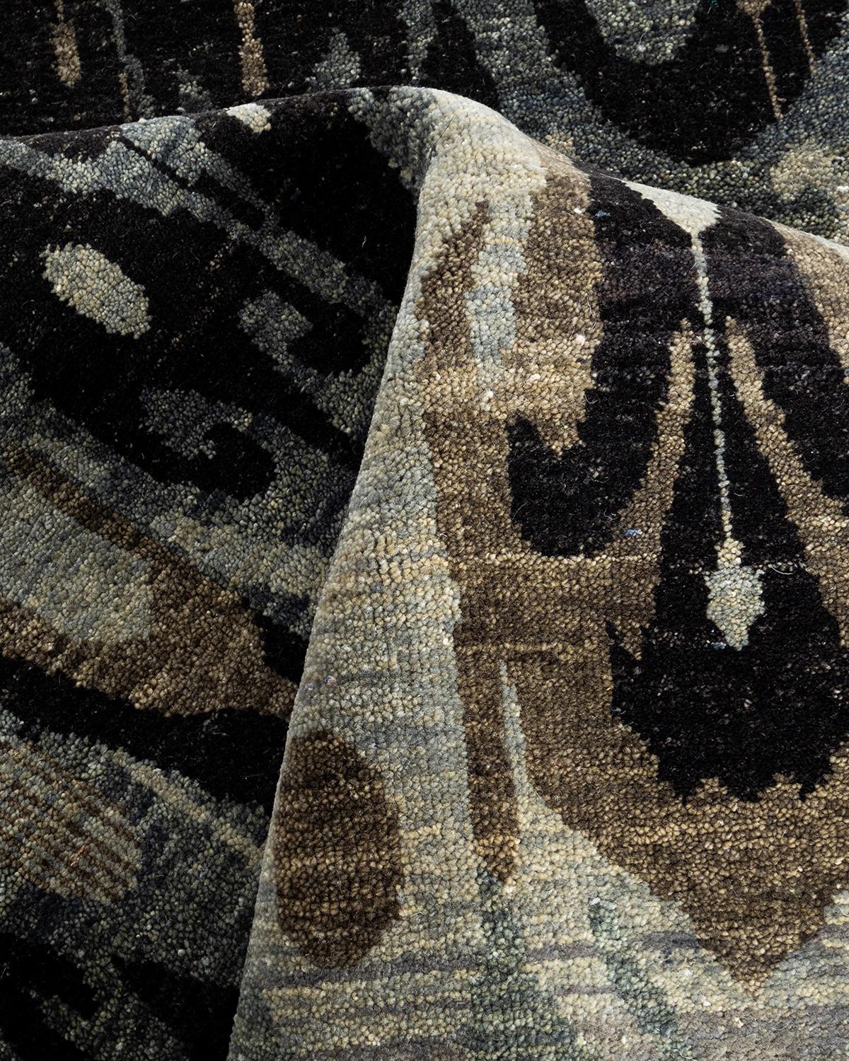 Alfombra Ikat Tradicional de Lana Floral Anudada a Mano Gris 9' 0