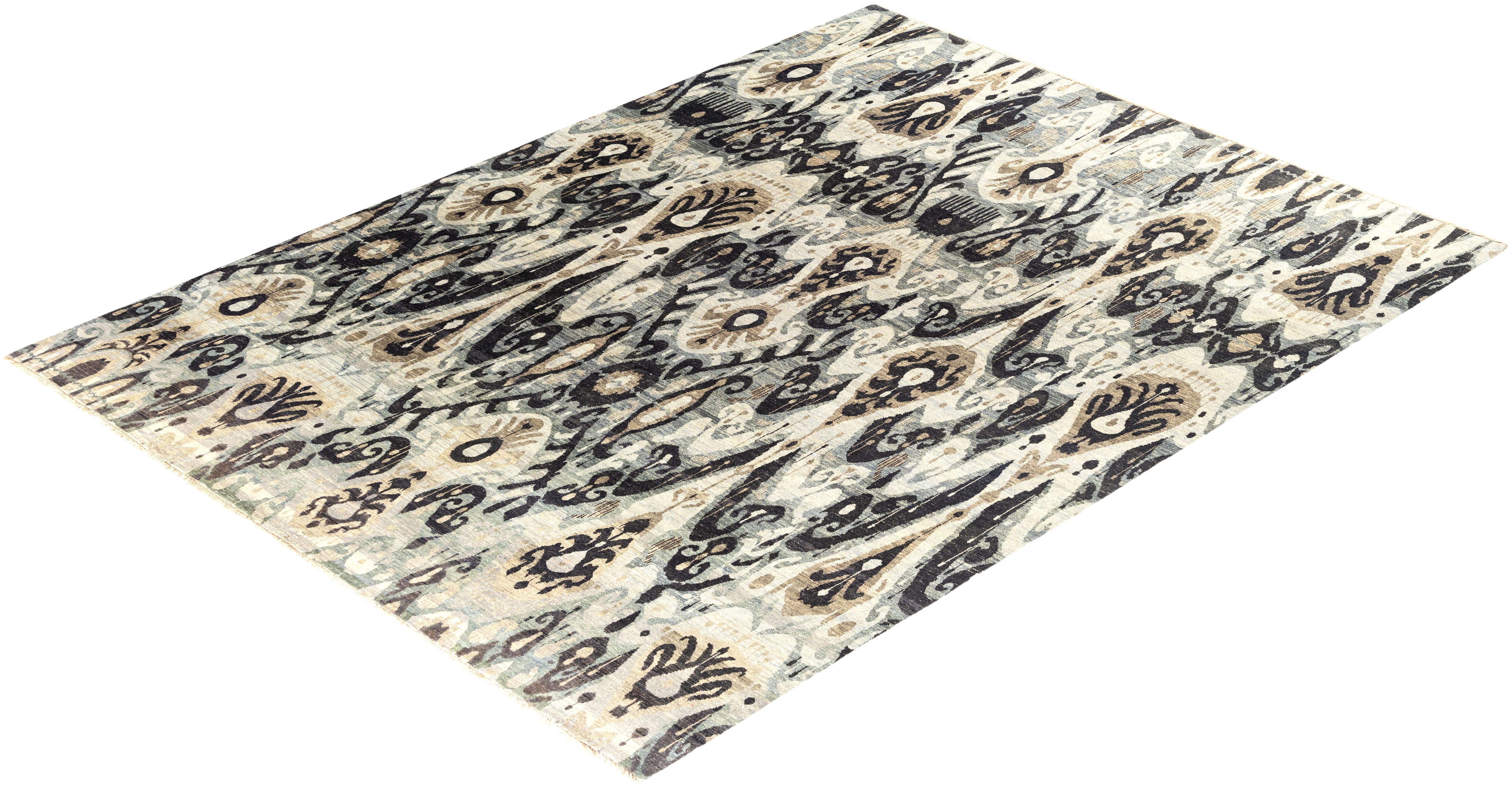 Alfombra Ikat Tradicional de Lana Floral Anudada a Mano Gris 9' 0