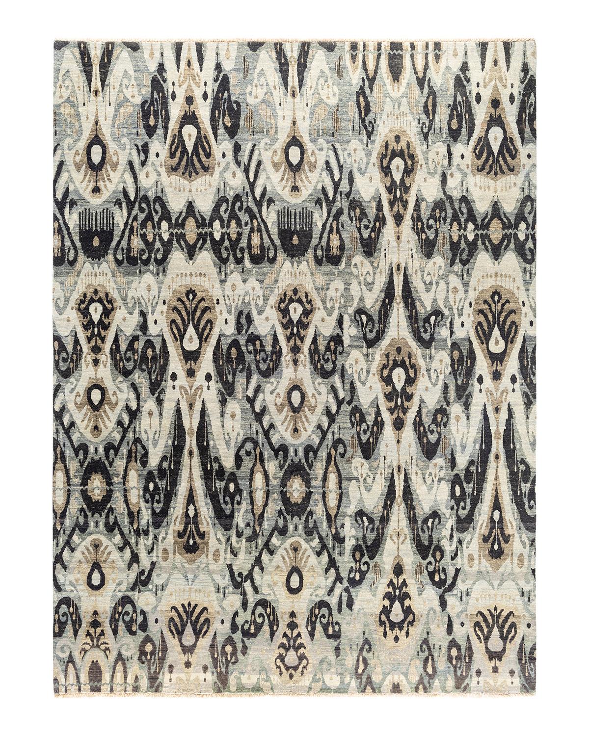 Traditional Ikat Hand Knotted Floral Wool Gray Area Rug 9' 0" x 12' 3"