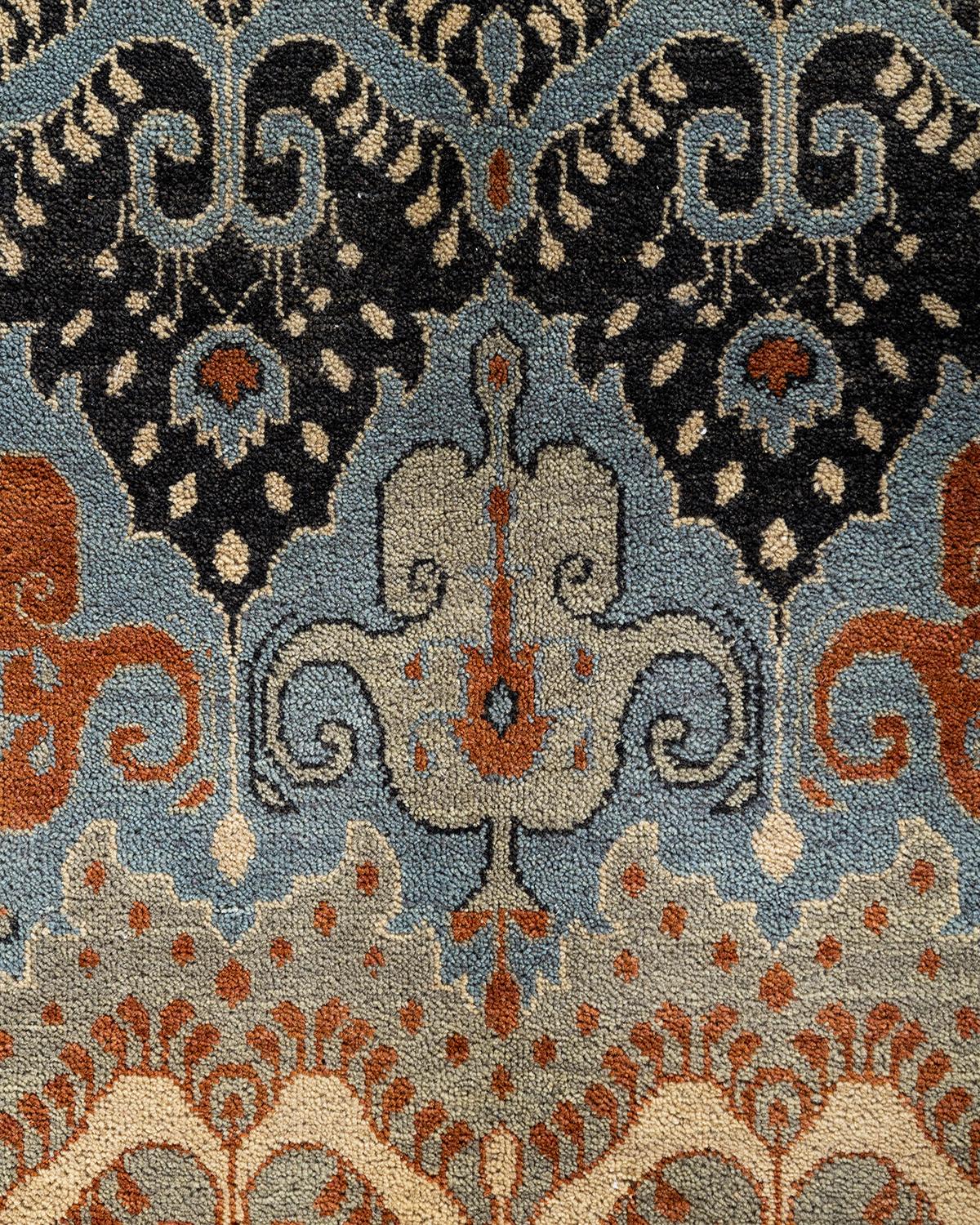 Indian Traditional Ikat Hand Knotted Floral Wool Gray Area Rug 9' 1