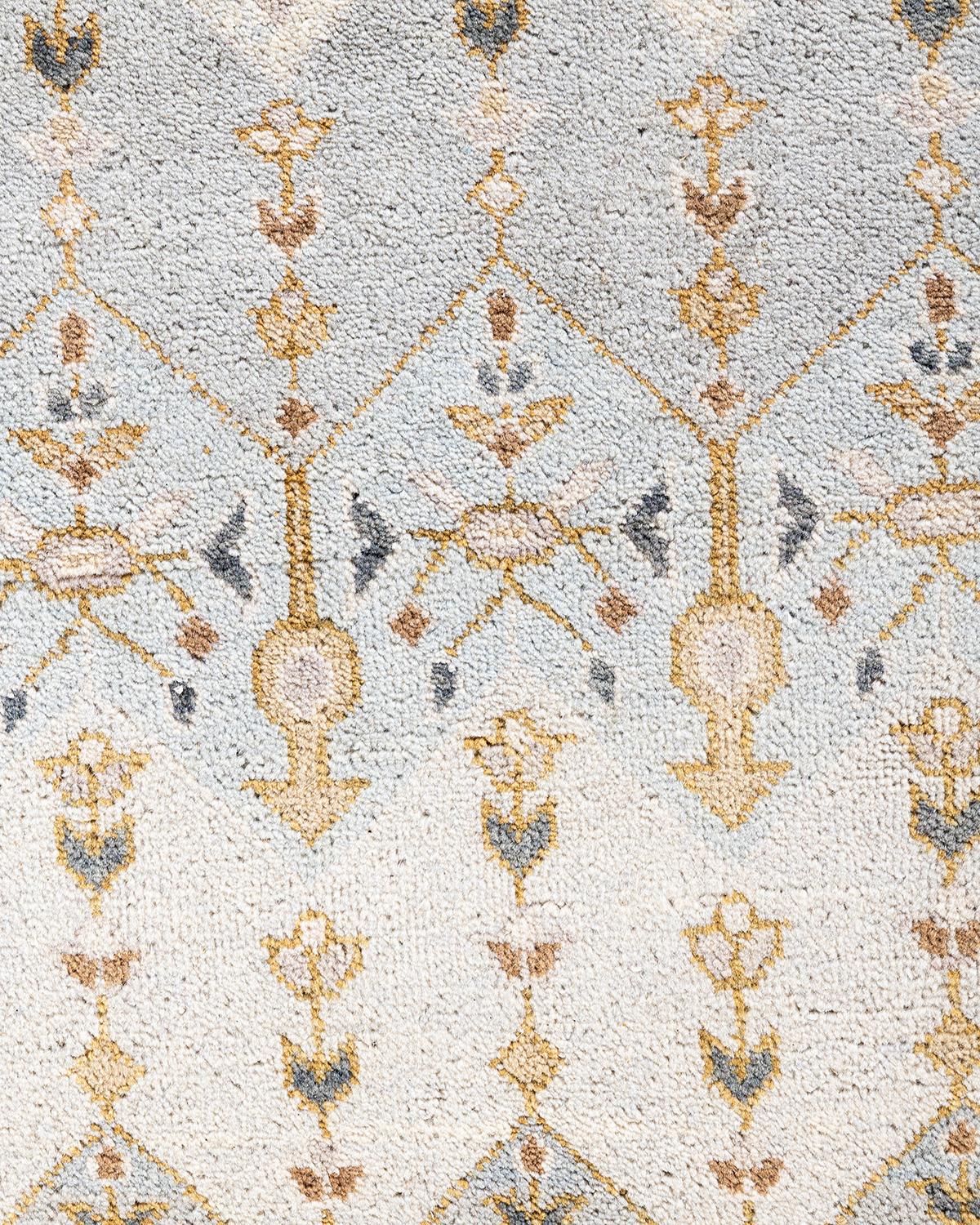 Alfombra Ikat Tradicional de Lana Floral Anudada a Mano Gris 9' 1