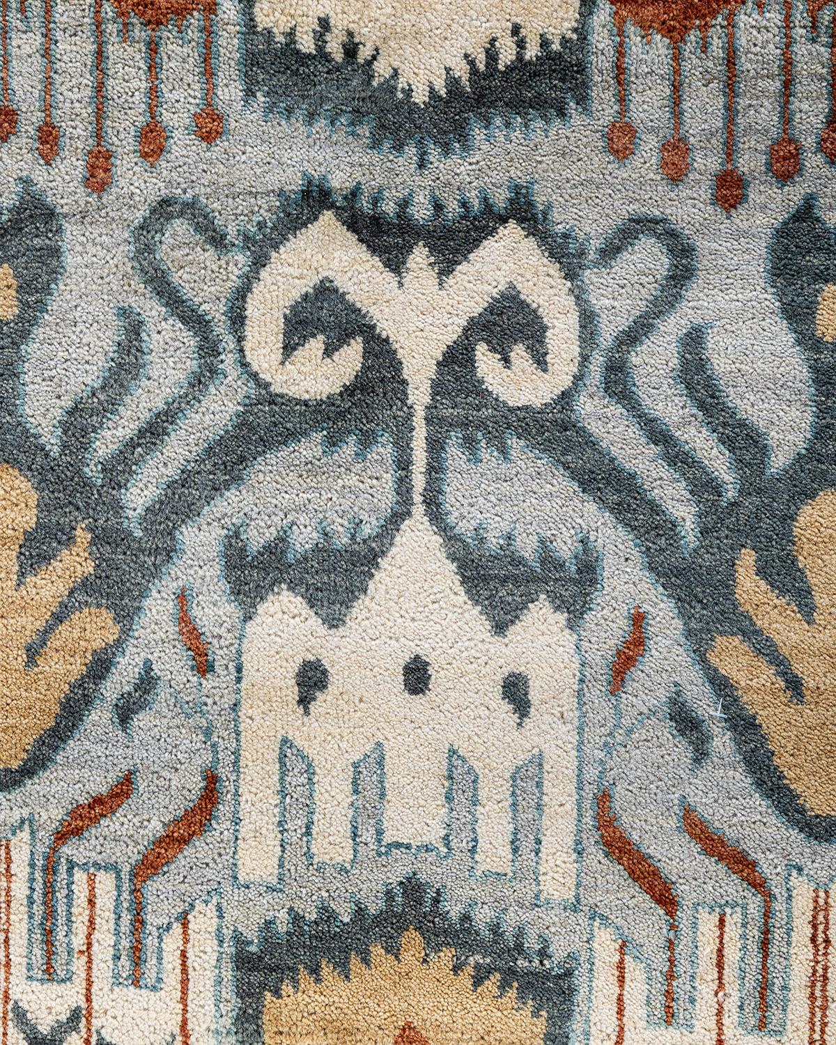 Indien Tapis traditionnel Ikat gris en laine à fleurs nouées à la main 9' 1