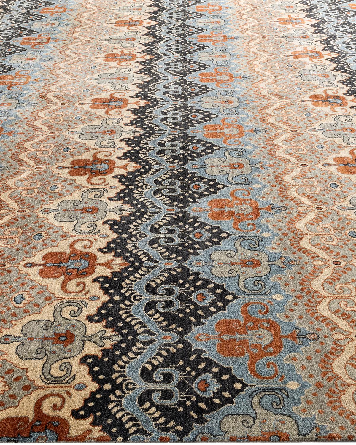 Hand-Knotted Traditional Ikat Hand Knotted Floral Wool Gray Area Rug 9' 1