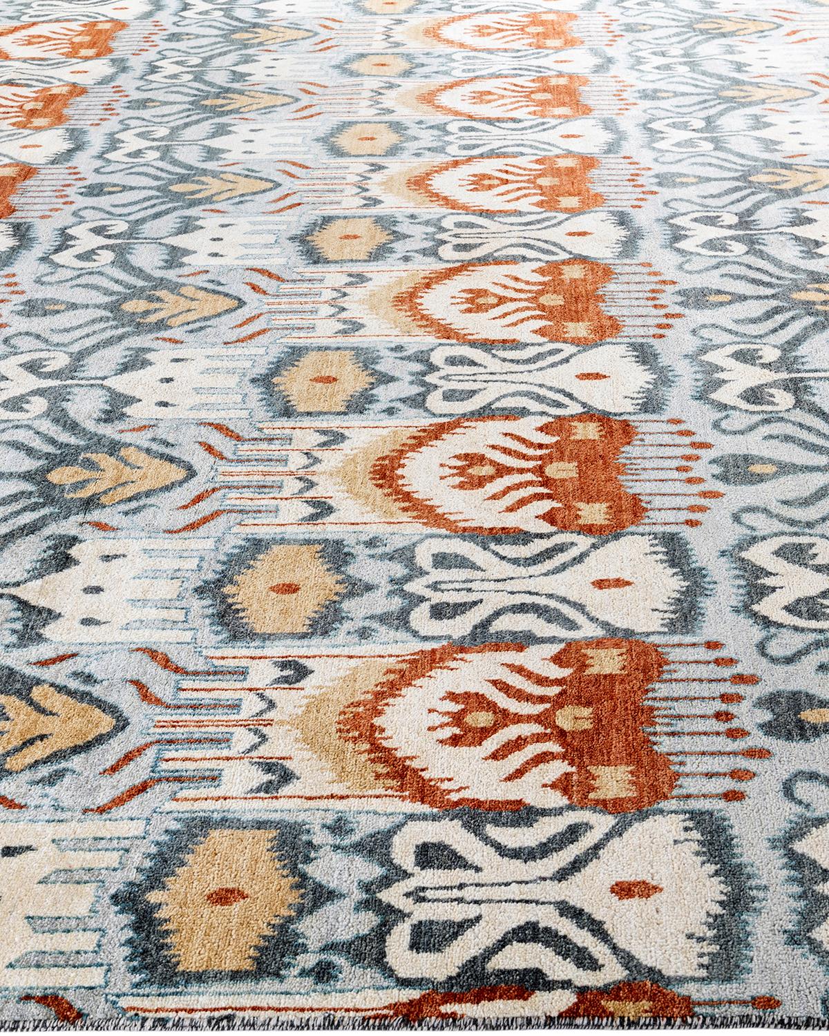 Noué à la main Tapis traditionnel Ikat gris en laine à fleurs nouées à la main 9' 1
