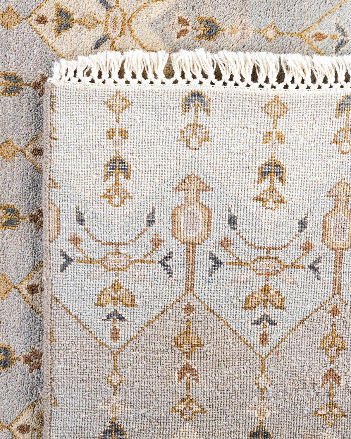 Alfombra Ikat Tradicional de Lana Floral Anudada a Mano Gris 9' 1