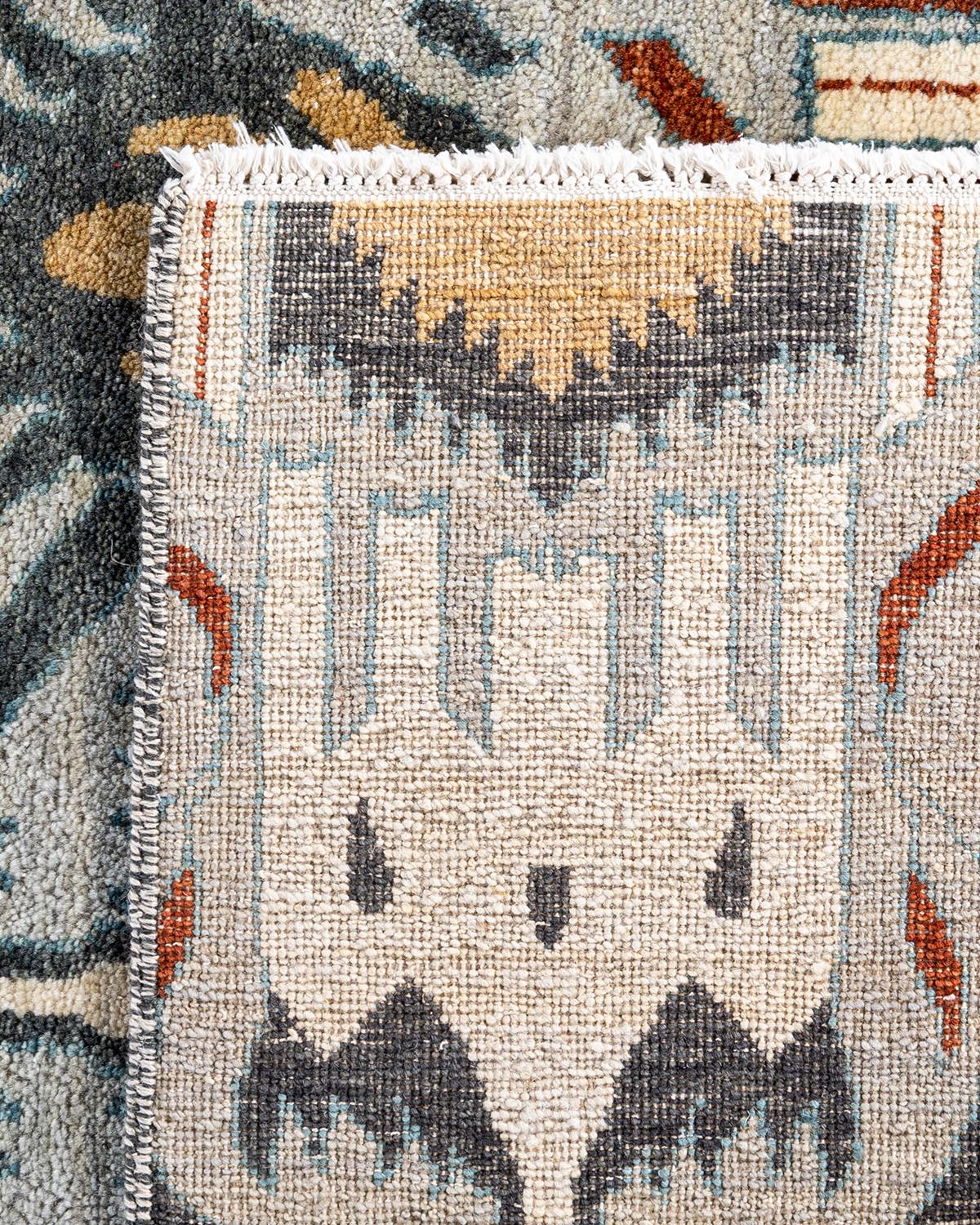 Tapis traditionnel Ikat gris en laine à fleurs nouées à la main 9' 1