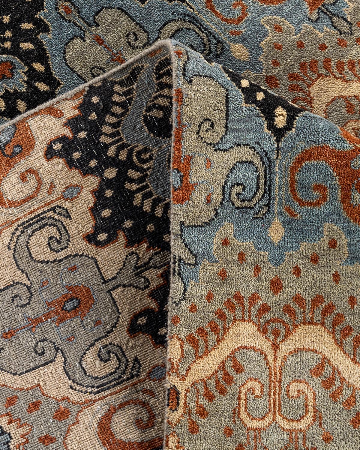 Contemporary Traditional Ikat Hand Knotted Floral Wool Gray Area Rug 9' 1