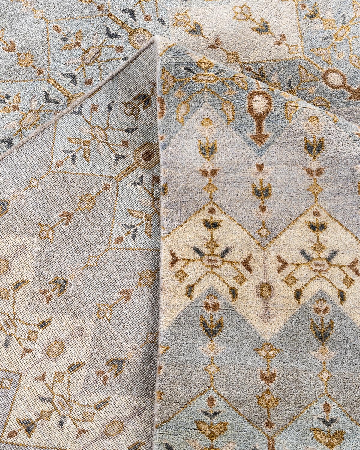 Alfombra Ikat Tradicional de Lana Floral Anudada a Mano Gris 9' 1
