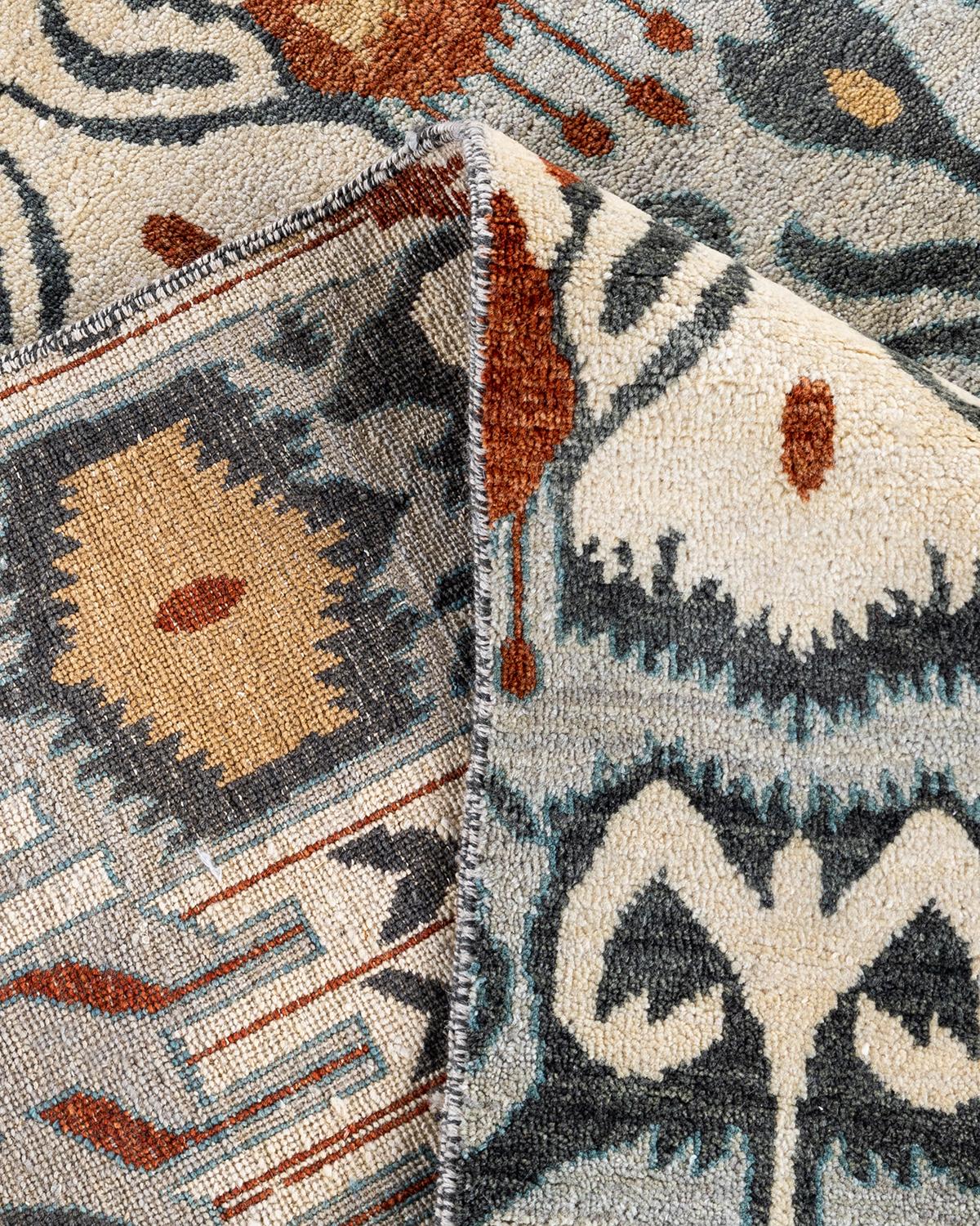 XXIe siècle et contemporain Tapis traditionnel Ikat gris en laine à fleurs nouées à la main 9' 1